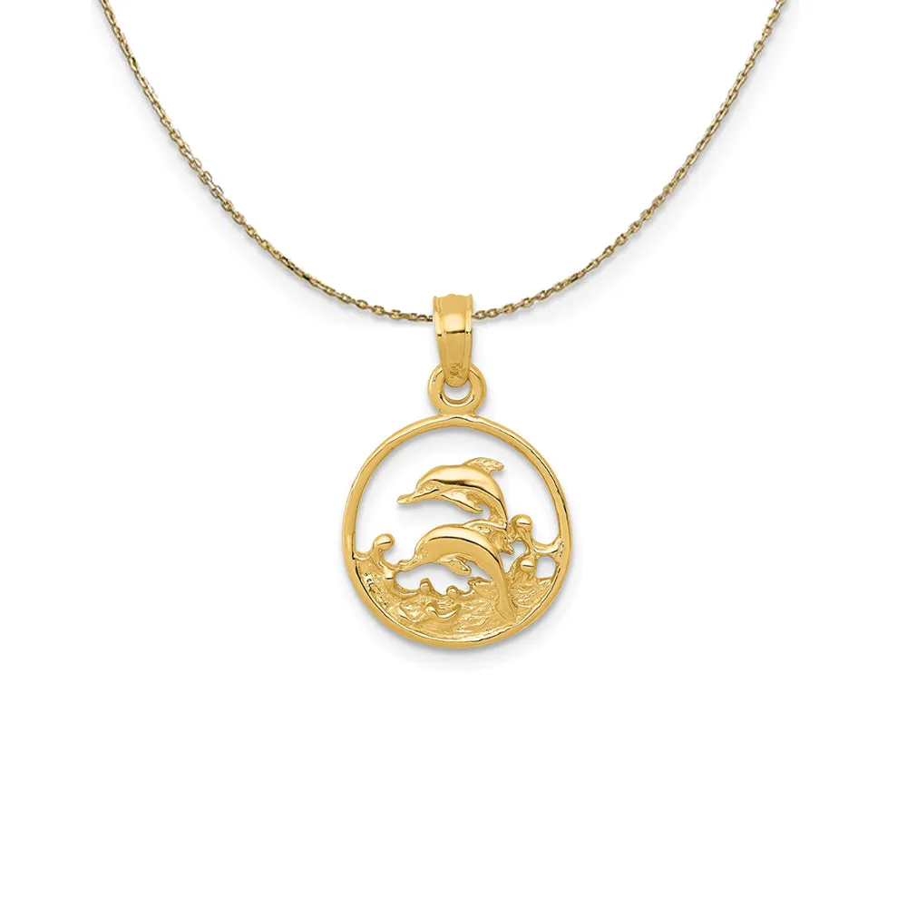 14k Yellow Gold Double Dolphins Circle Necklace