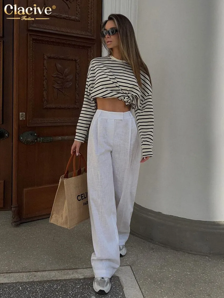 Ashore Shop White Linen Women'S Pants 2023 Elegant High Waist Wide Pants Female Casual Loose Classic Trousers Streetwear