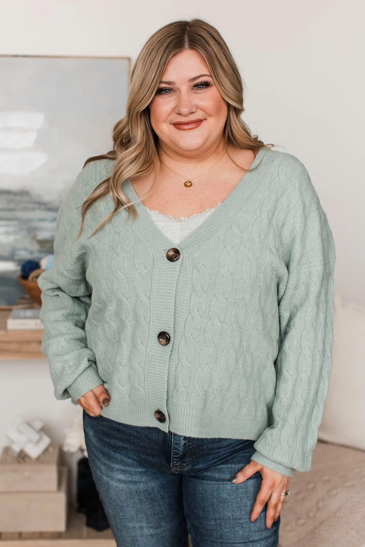 Beyond Cozy Knit Button Cardigan- Light Sage