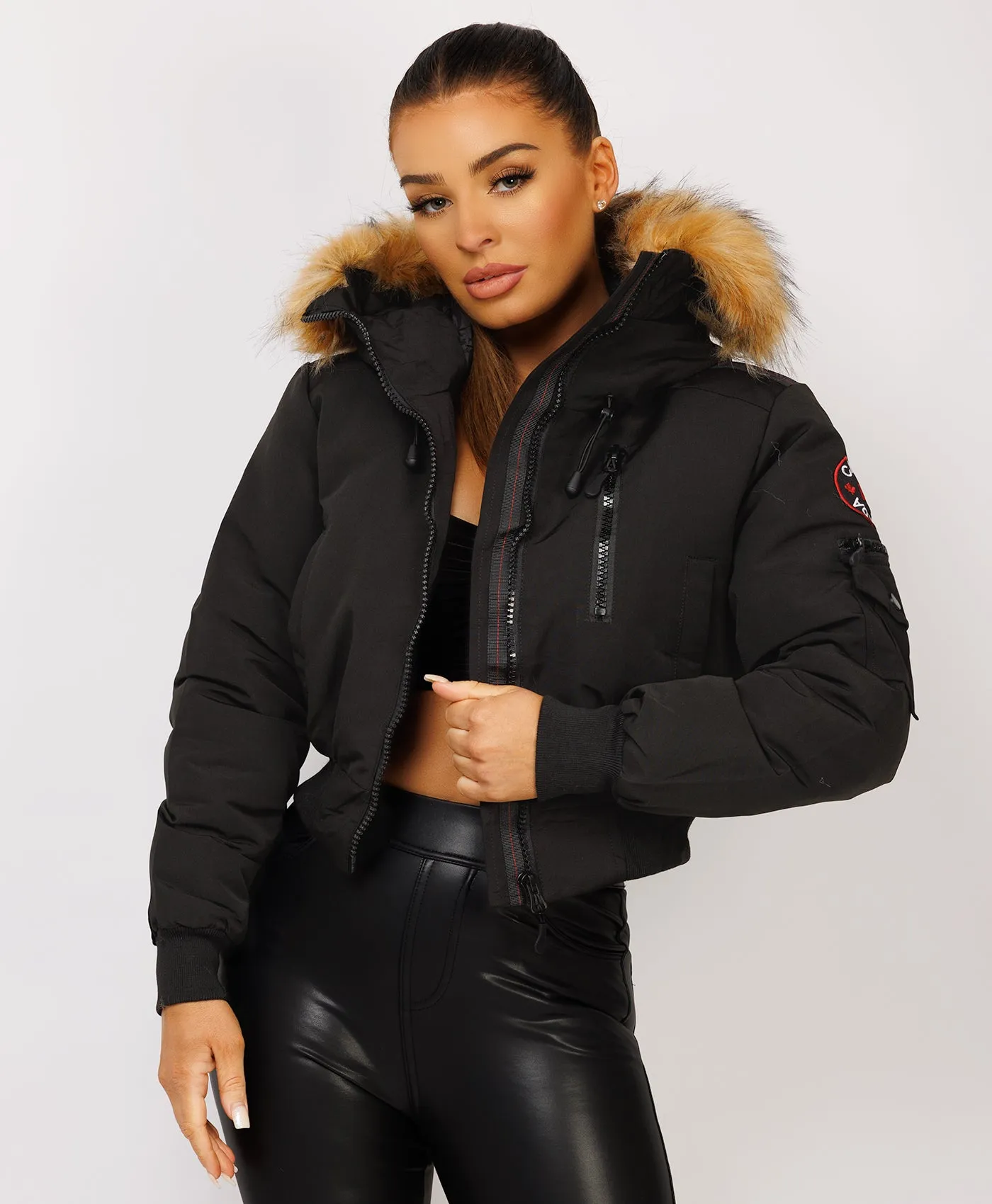 Black Canada Cropped Bomber Jacket With Fur Hood