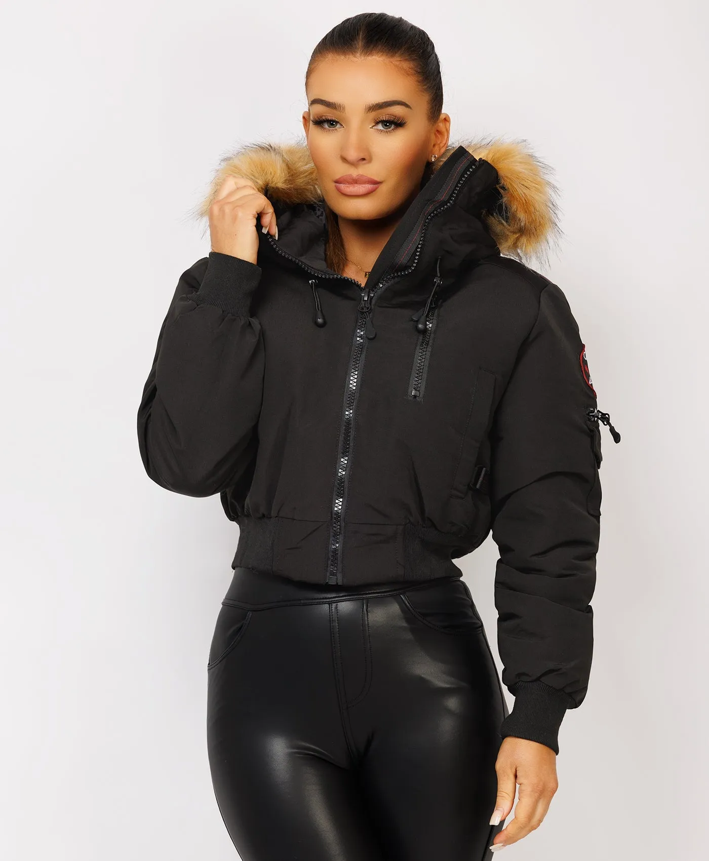 Black Canada Cropped Bomber Jacket With Fur Hood