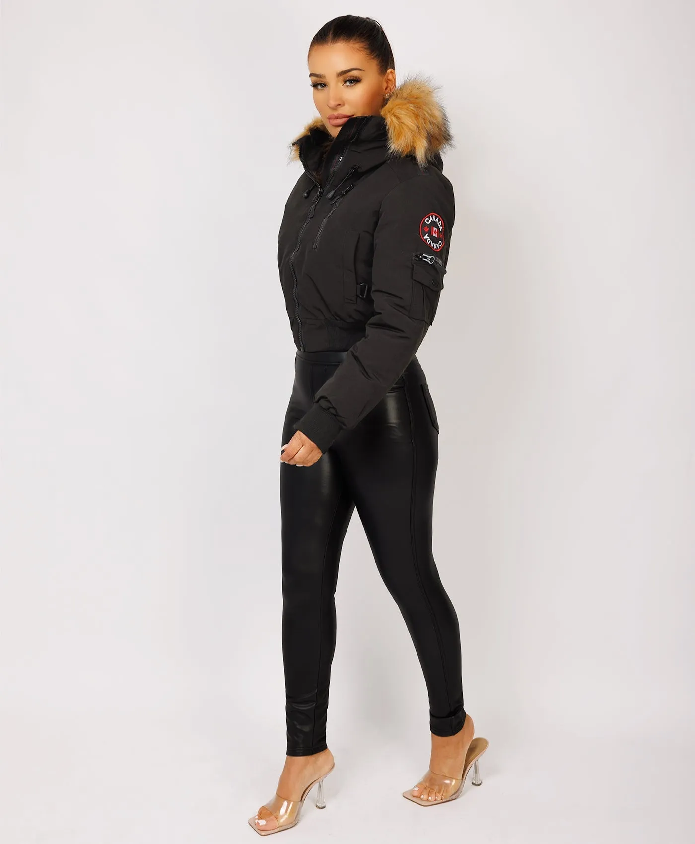 Black Canada Cropped Bomber Jacket With Fur Hood