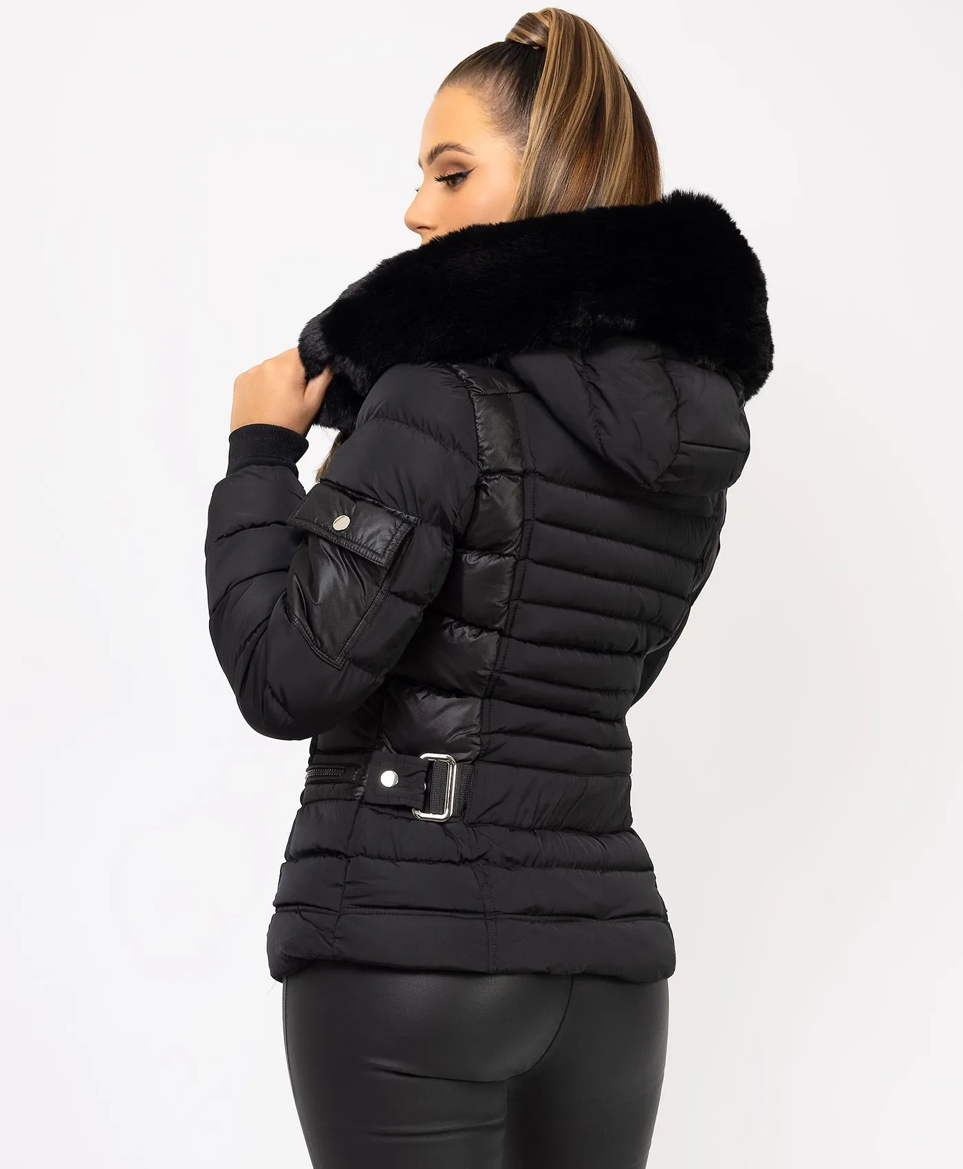 Black Padded Quilted Faux Fur Hood Puffer Jacket Coat