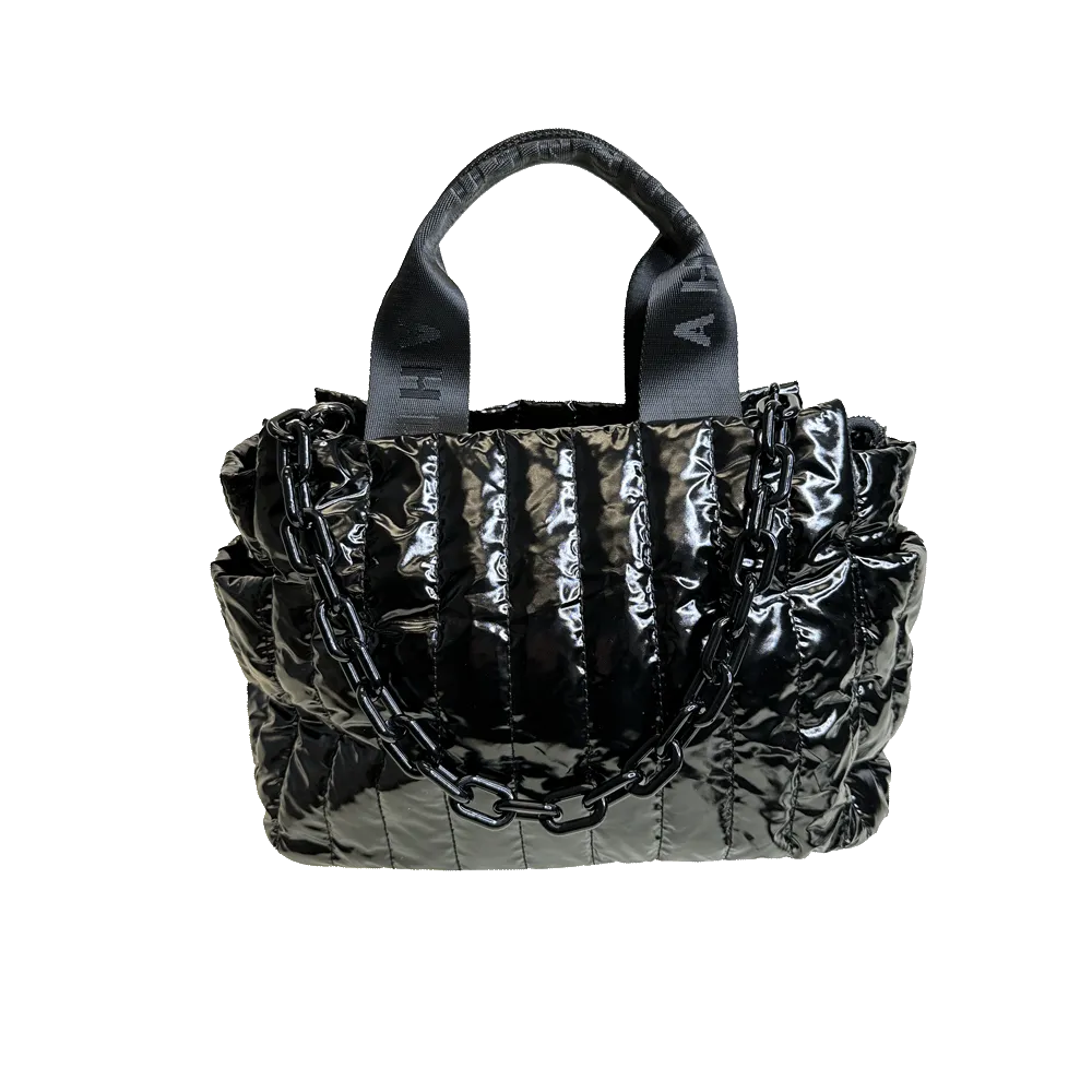 Black - Rosie Quilted Tote w/Black Resin Chain & 2 Adjustable Solid