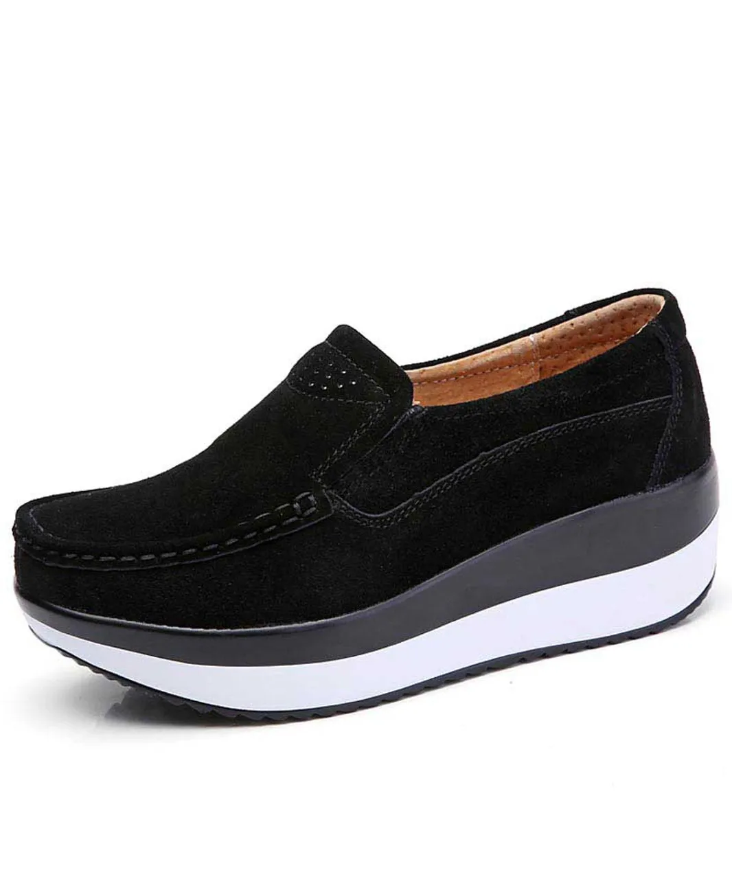 Black suede slip on rocker bottom shoe sneaker