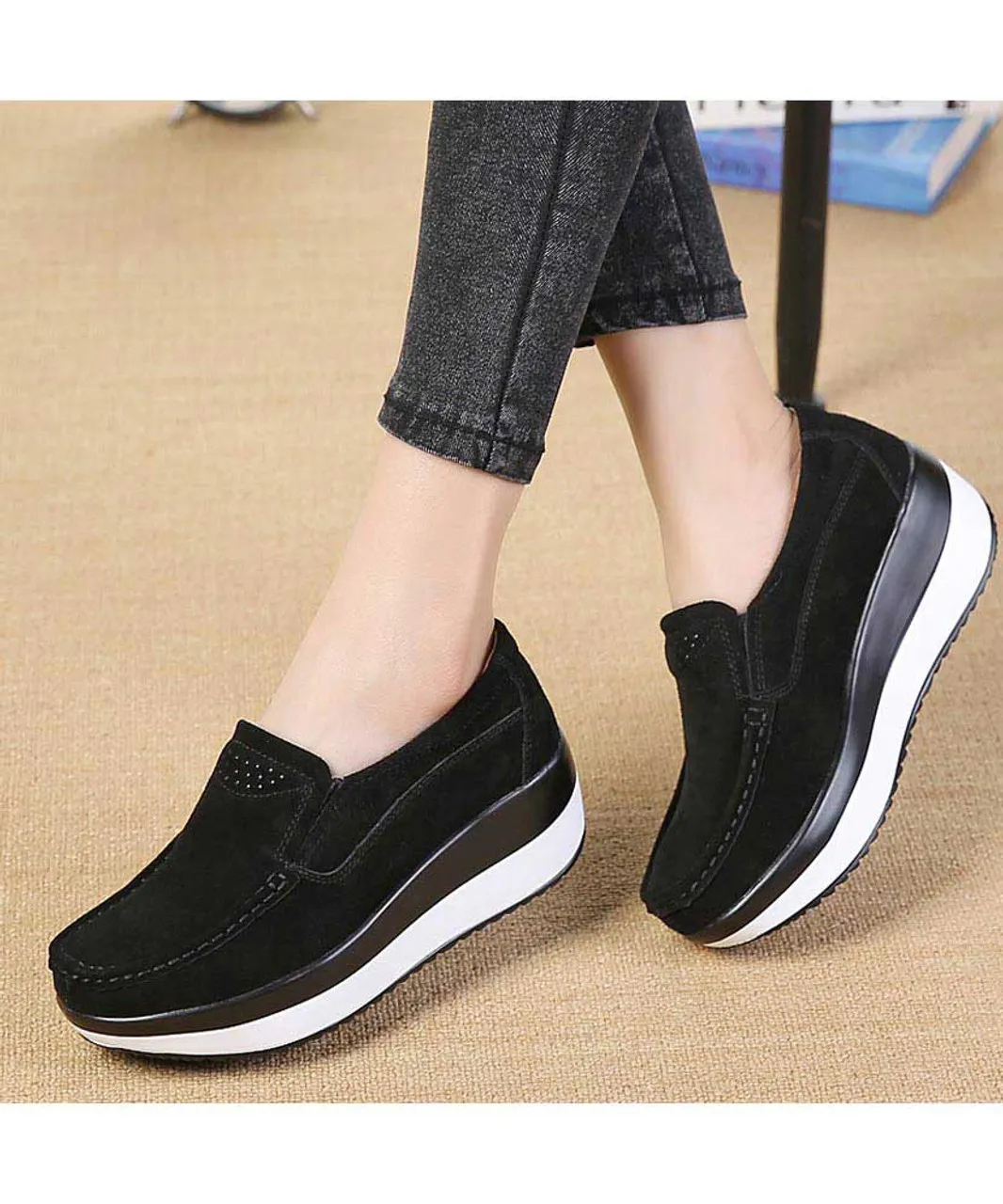 Black suede slip on rocker bottom shoe sneaker