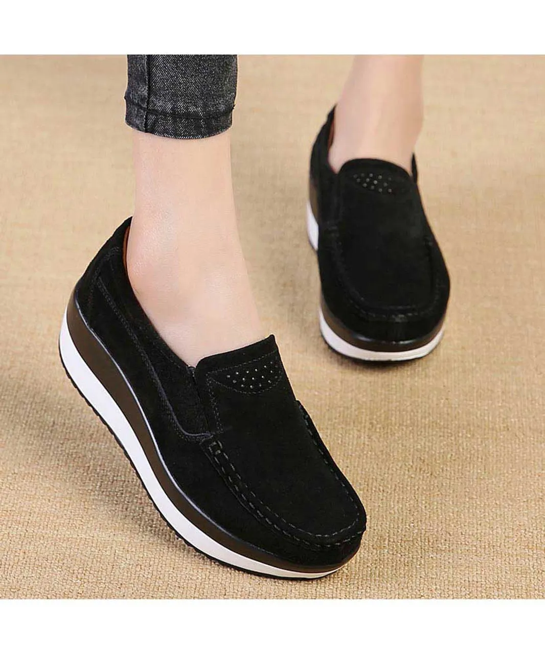 Black suede slip on rocker bottom shoe sneaker