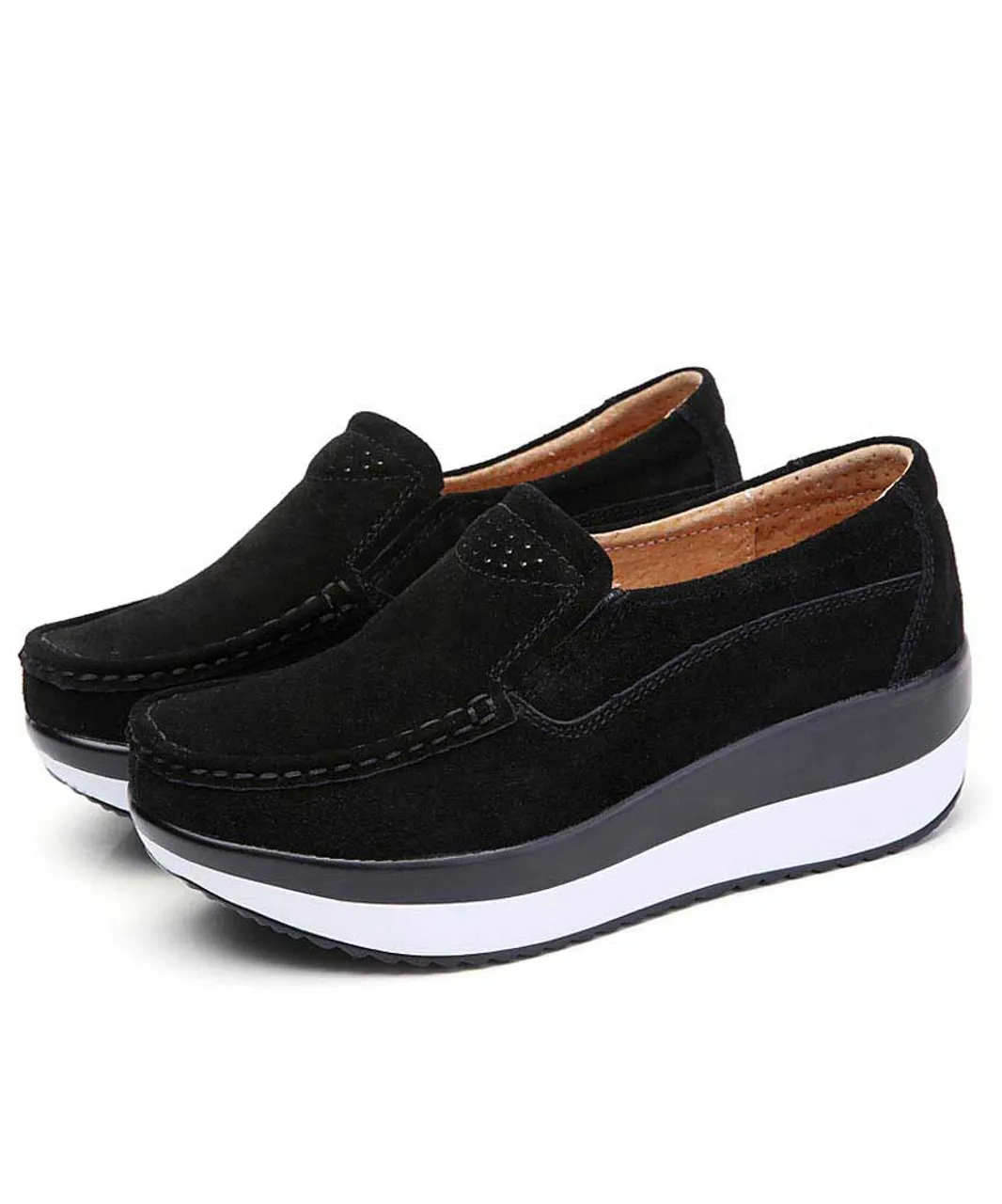 Black suede slip on rocker bottom shoe sneaker