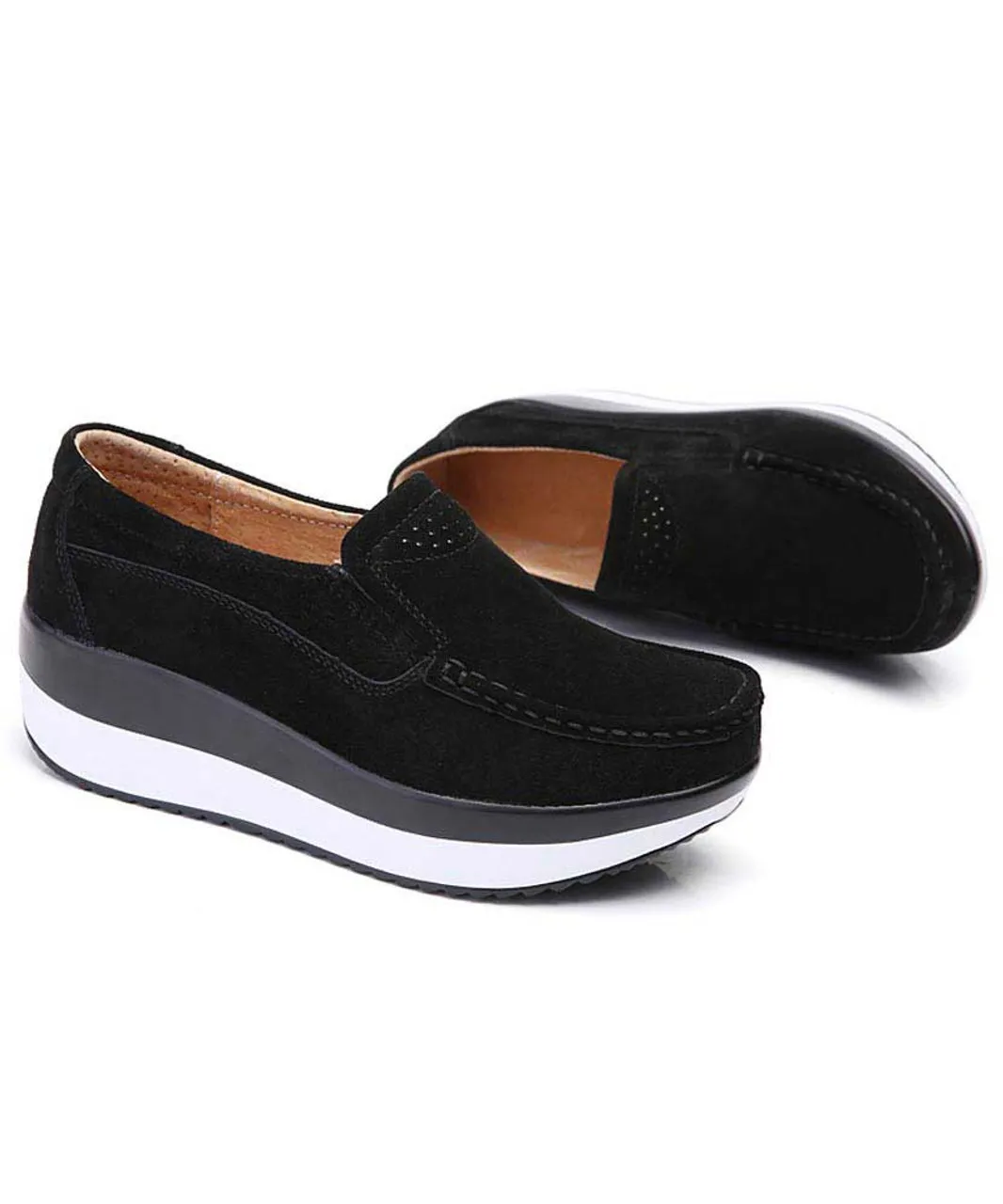 Black suede slip on rocker bottom shoe sneaker