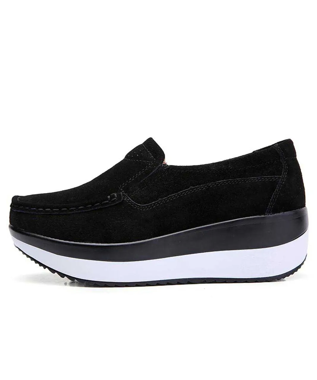 Black suede slip on rocker bottom shoe sneaker