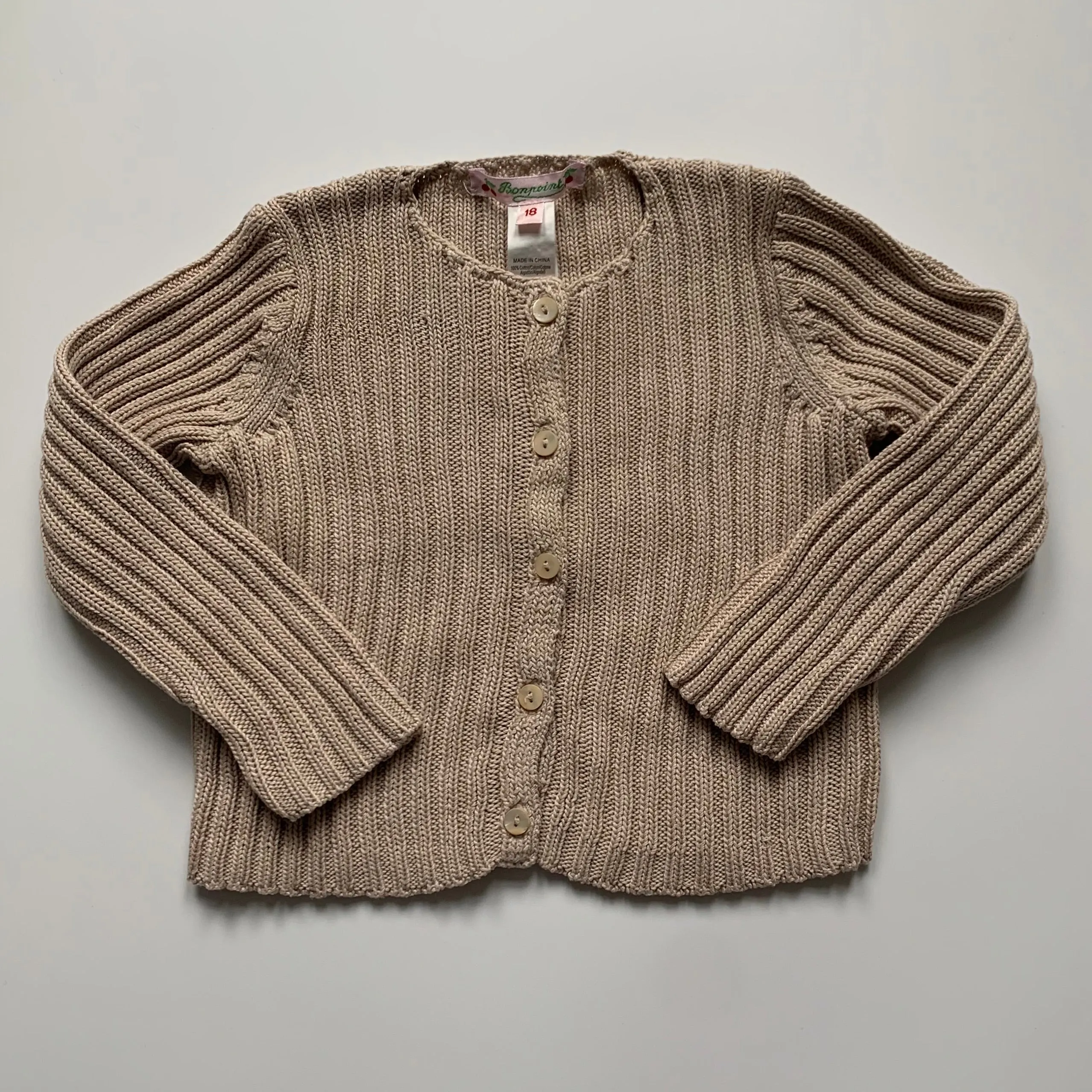 Bonpoint Taupe Ribbed Cotton Cardigan: 18 Months