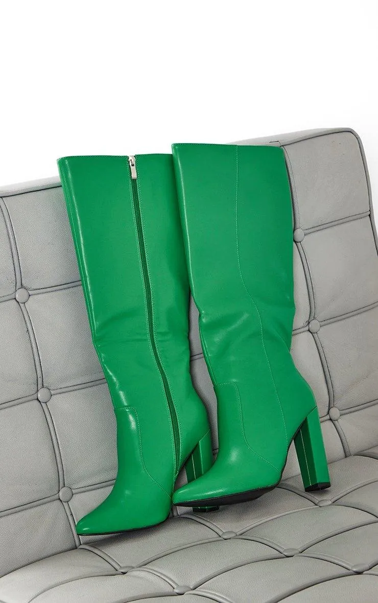 Boots | Green PU Point Toe High Block Heel Knee Boots | PrettyLittleThing