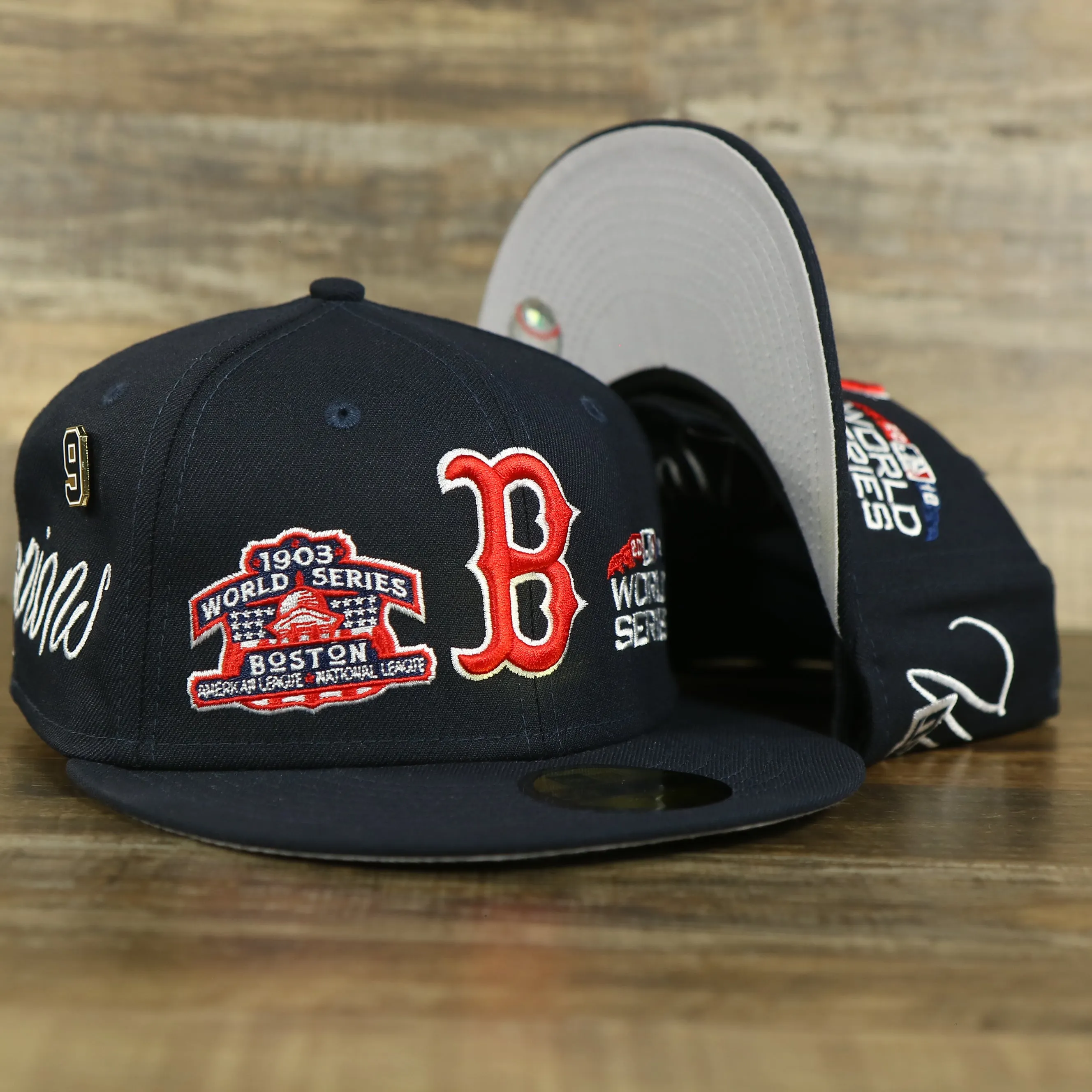 Boston Red Sox Cooperstown All Over Side Patch Historic Champs Gray UV 59Fifty Fitted Cap | Navy 59Fifty Fitted Cap