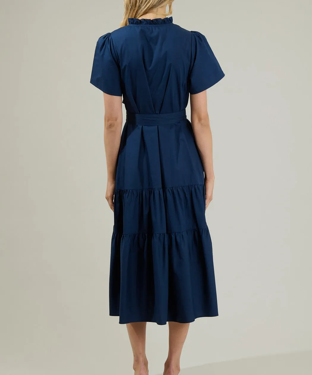 Britt Poplin Tiered Midi Dress - Navy