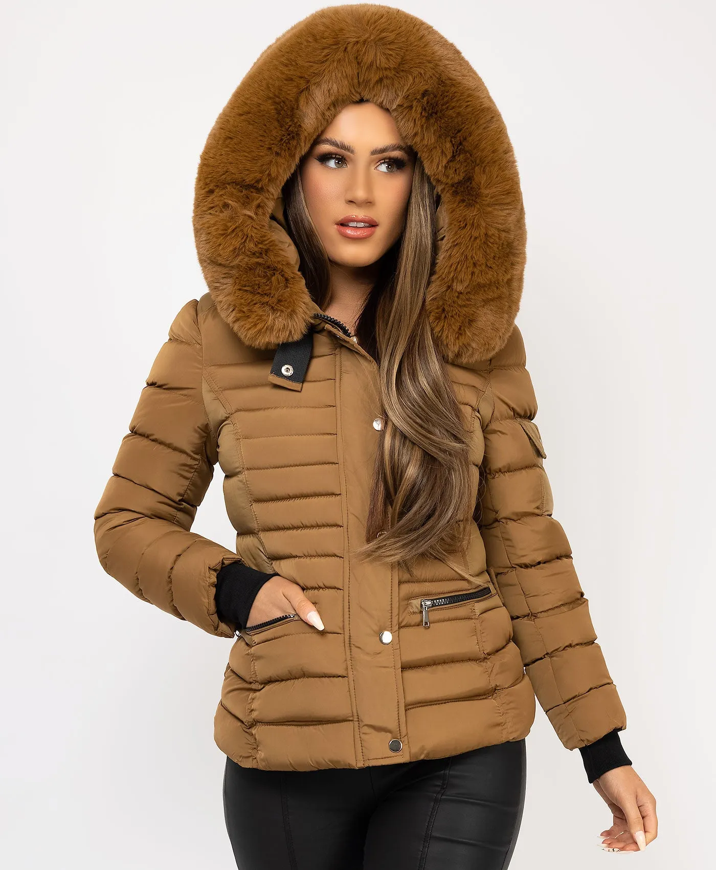 Camel Padded Quilted Faux Fur Hood Puffer Jacket Coat