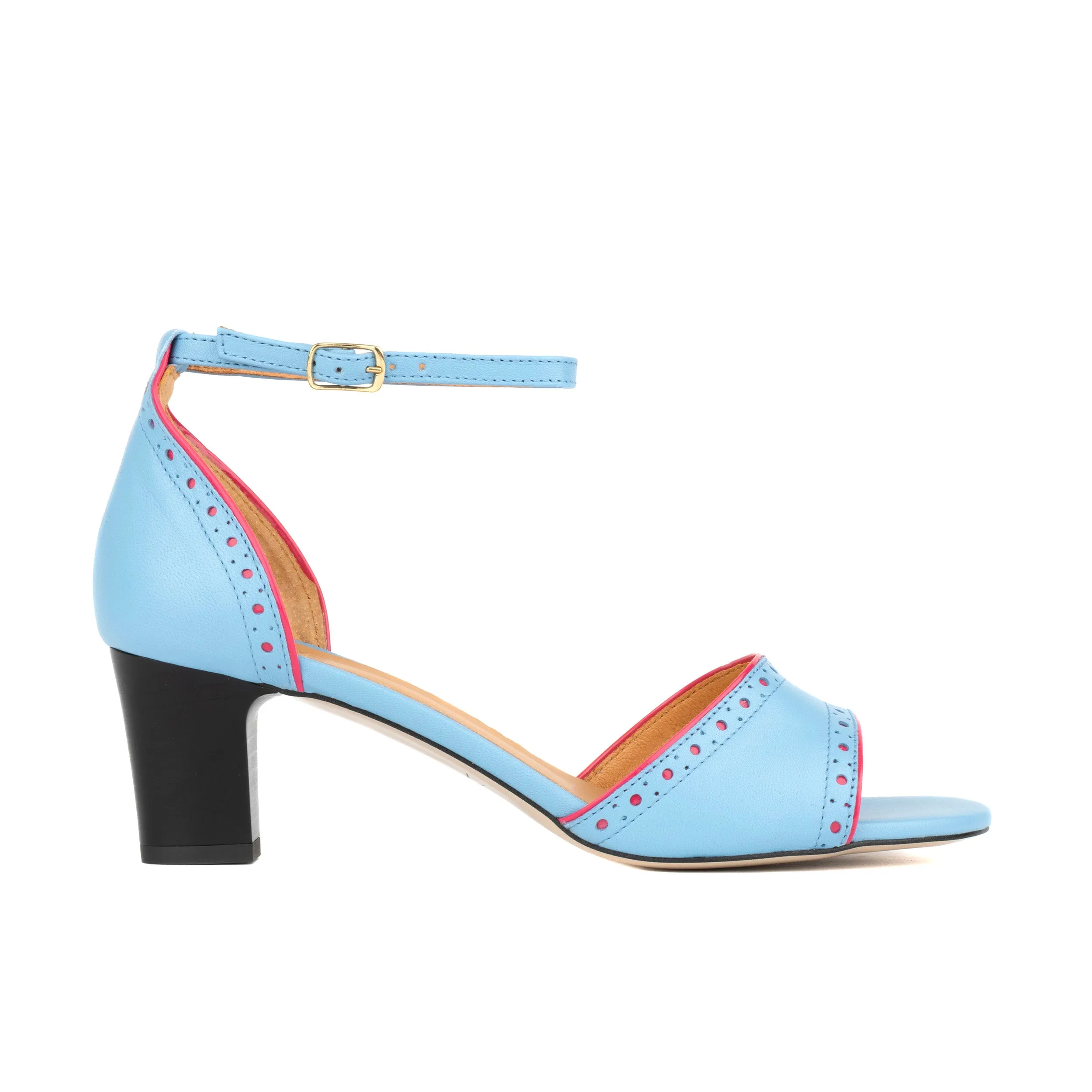 CROUPIER LIGHT BLUE PINK - Women's 2 inch heel ankle strap leather sandal in sky blue