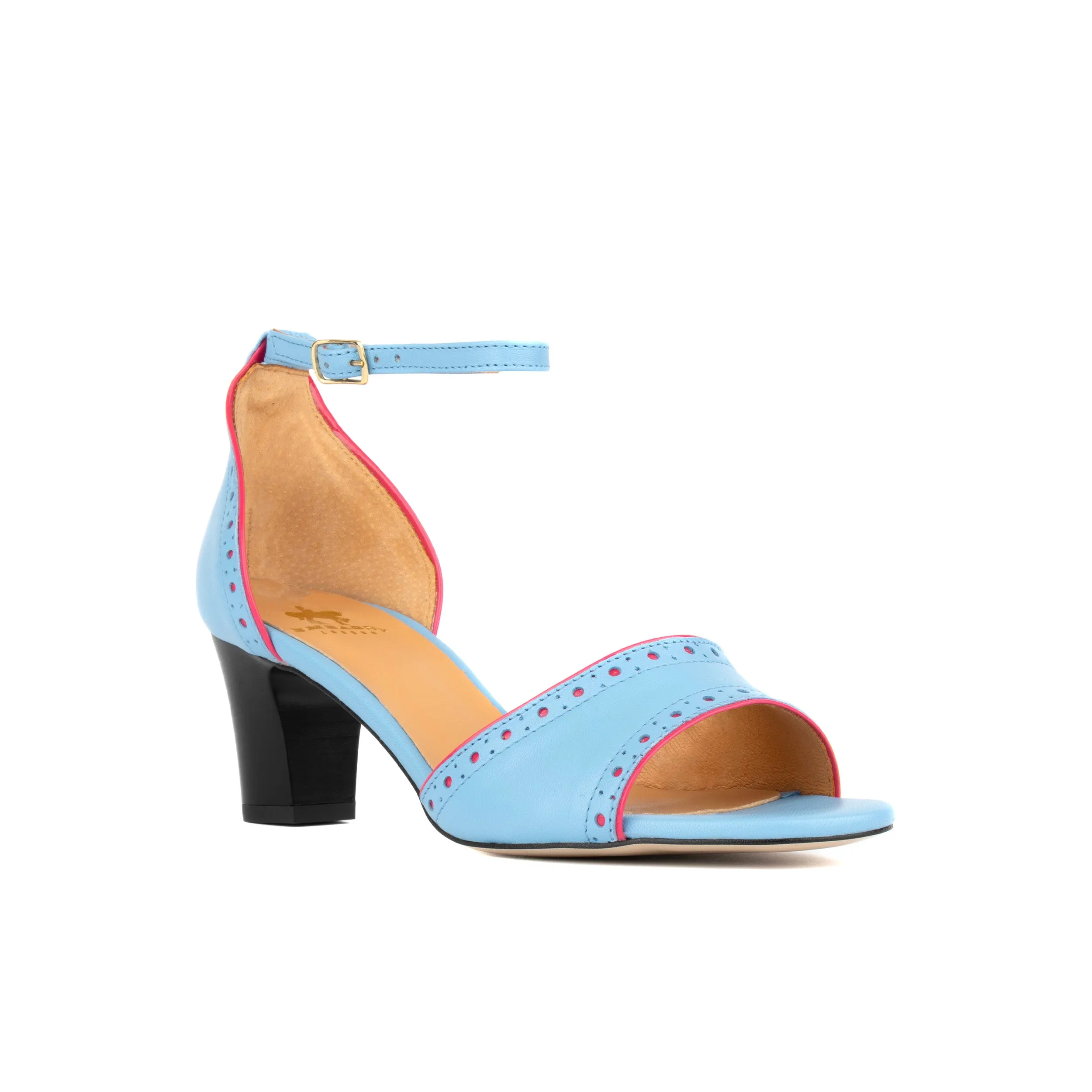 CROUPIER LIGHT BLUE PINK - Women's 2 inch heel ankle strap leather sandal in sky blue