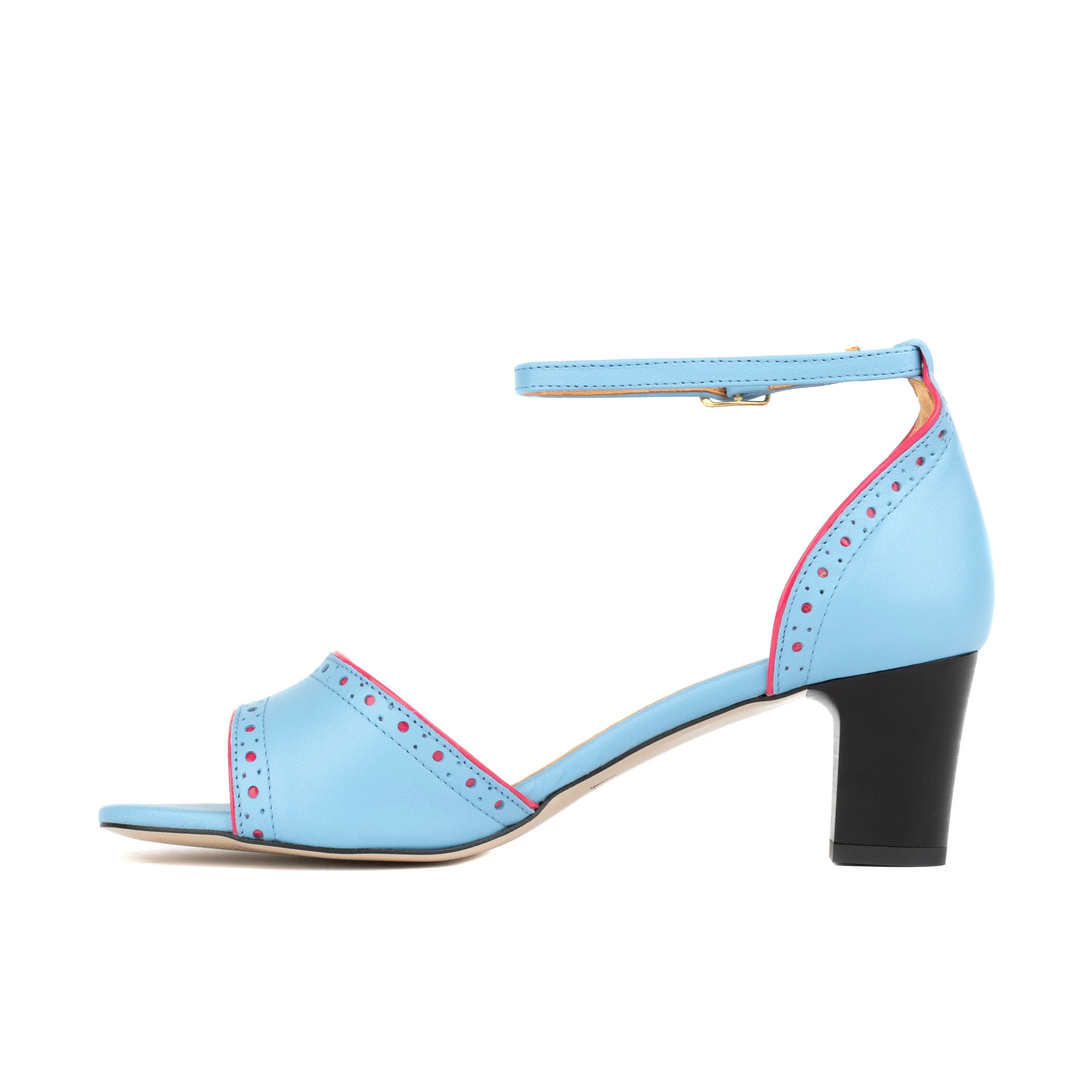 CROUPIER LIGHT BLUE PINK - Women's 2 inch heel ankle strap leather sandal in sky blue