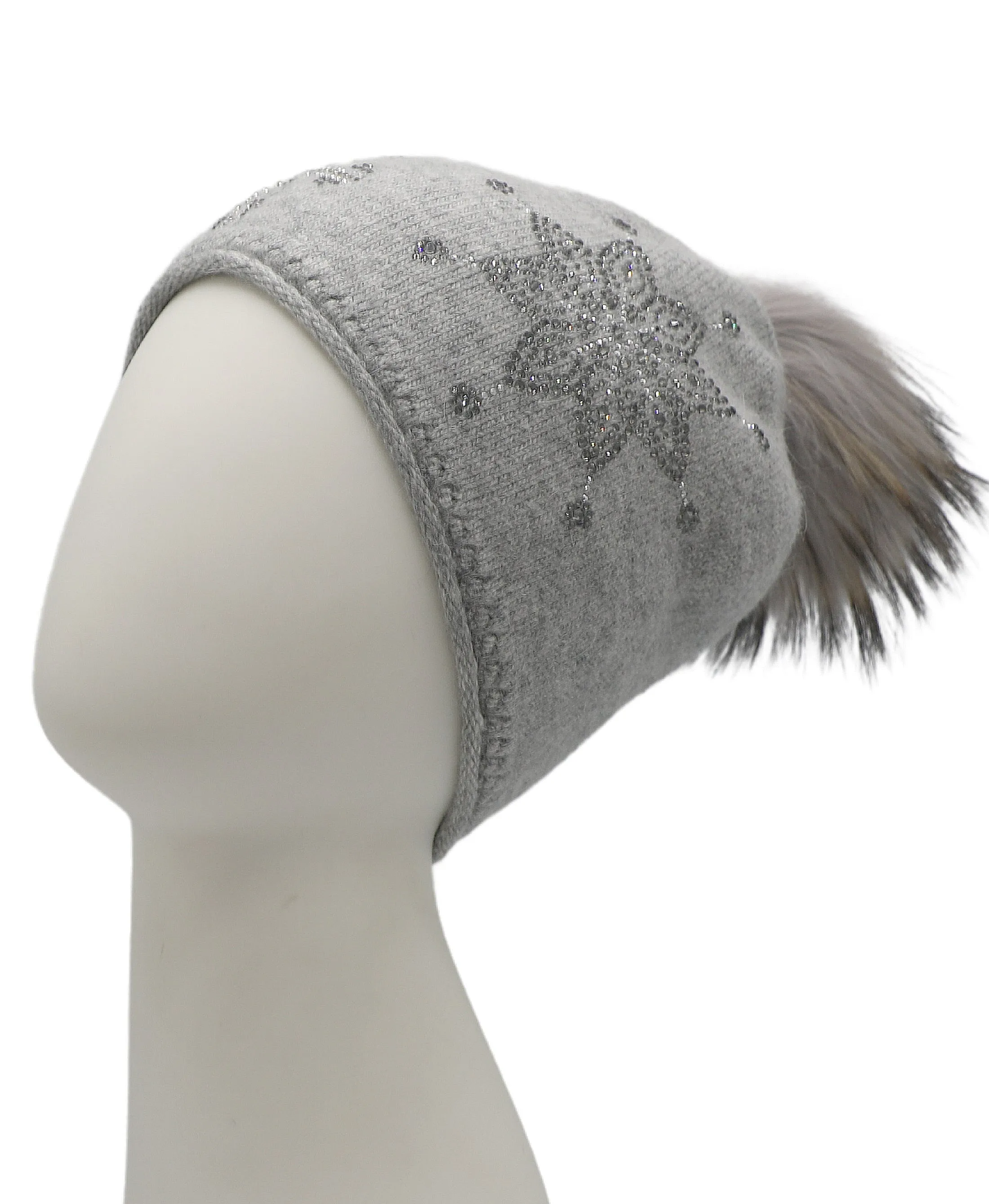 Crystal Snowflake Knit Hat w/ Fur Pom