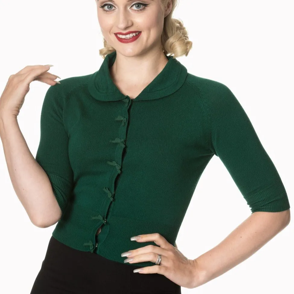 Dark Green Short Sleeve Crop Collar Cardigan