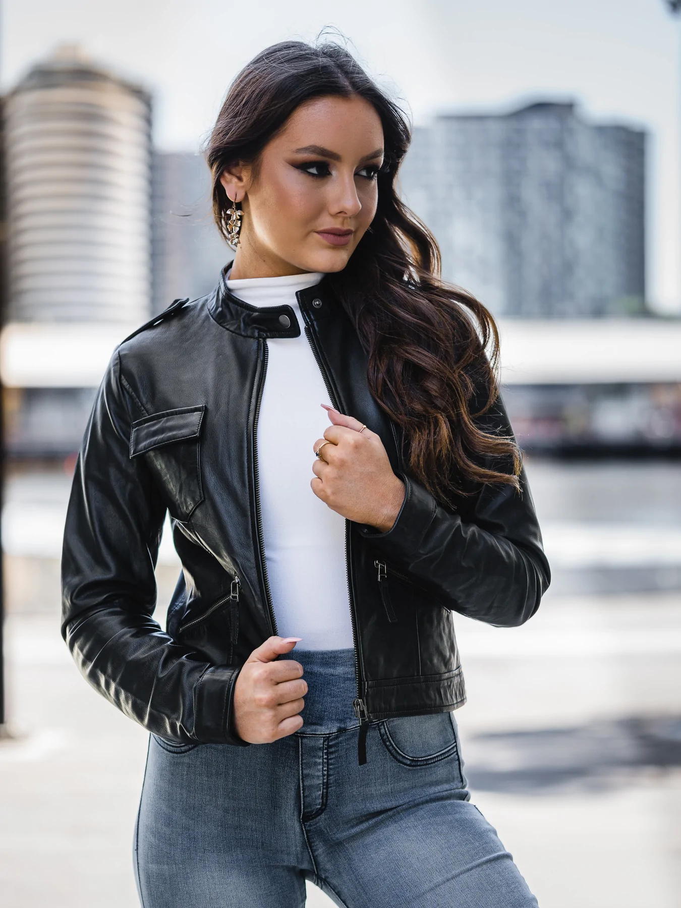 Fashion Black Leather Jacket Womens Outfit | Band Collar