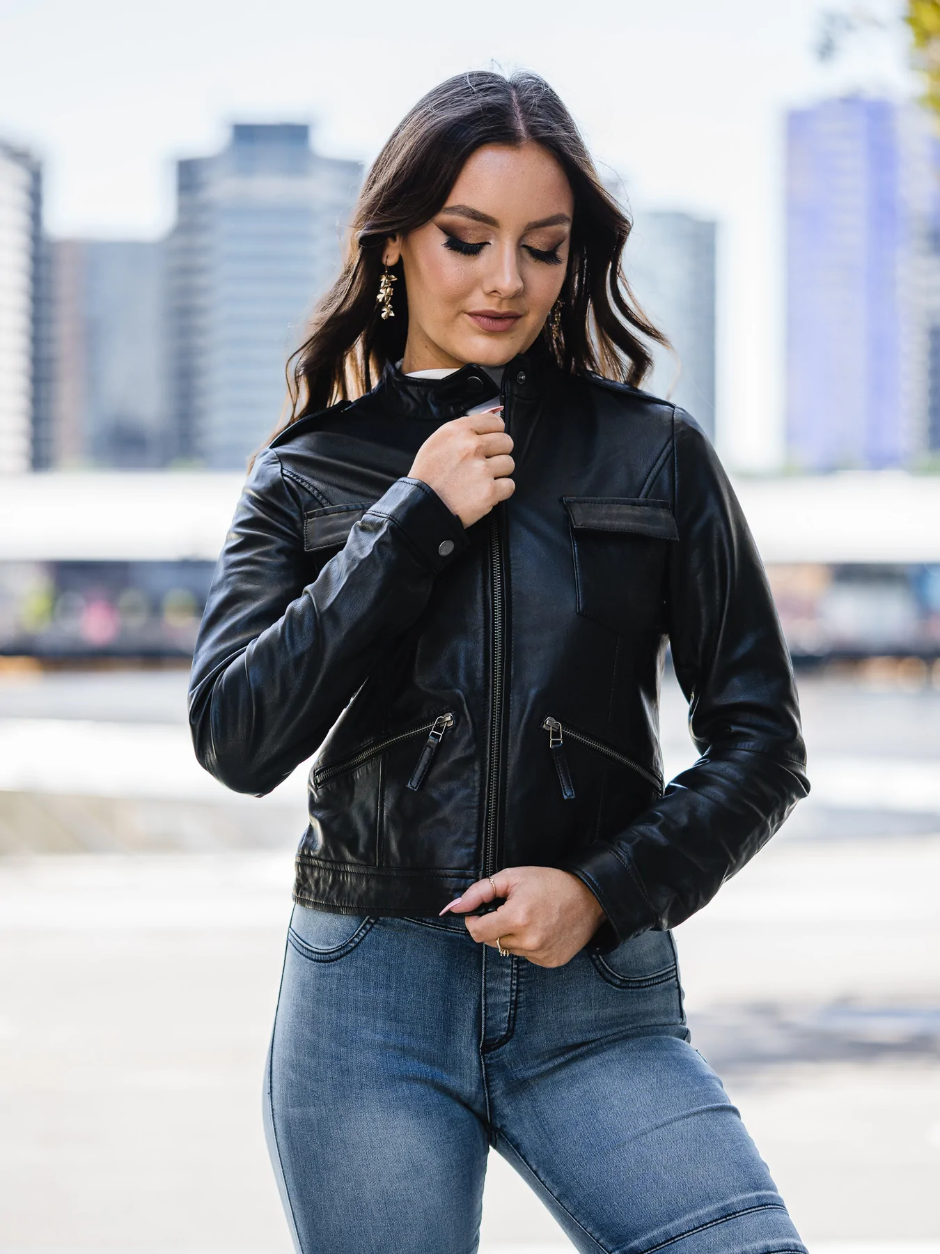 Fashion Black Leather Jacket Womens Outfit | Band Collar