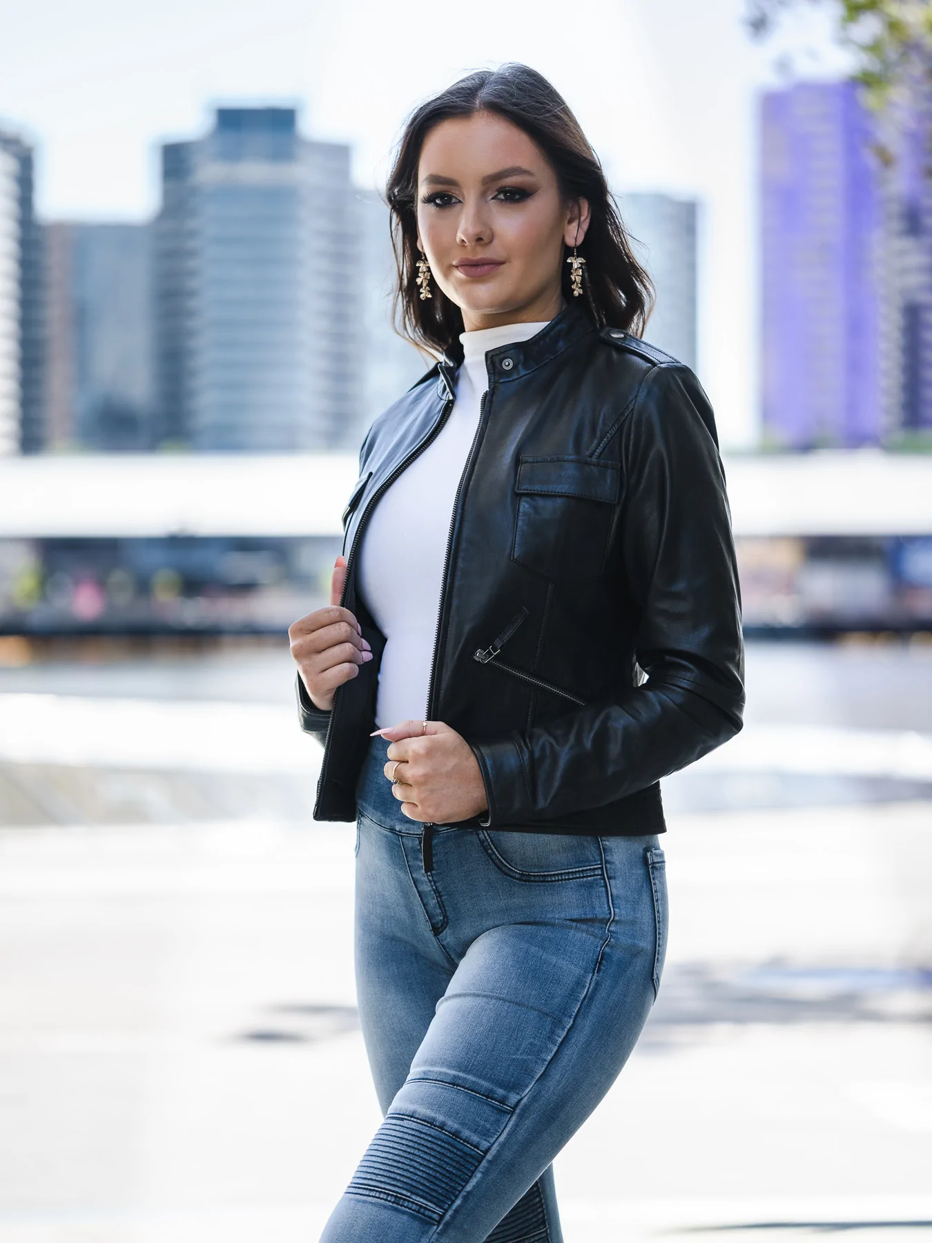 Fashion Black Leather Jacket Womens Outfit | Band Collar