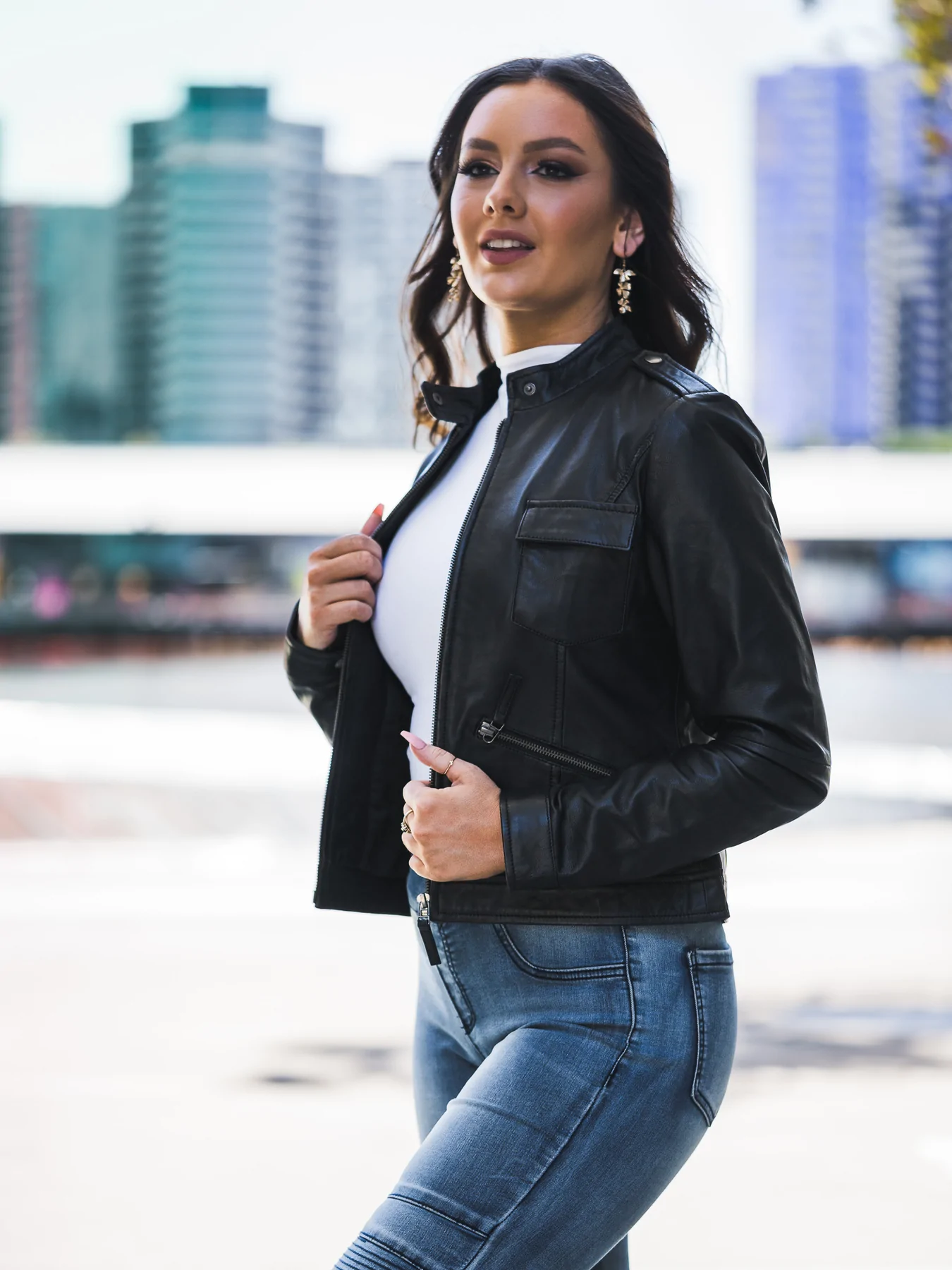 Fashion Black Leather Jacket Womens Outfit | Band Collar