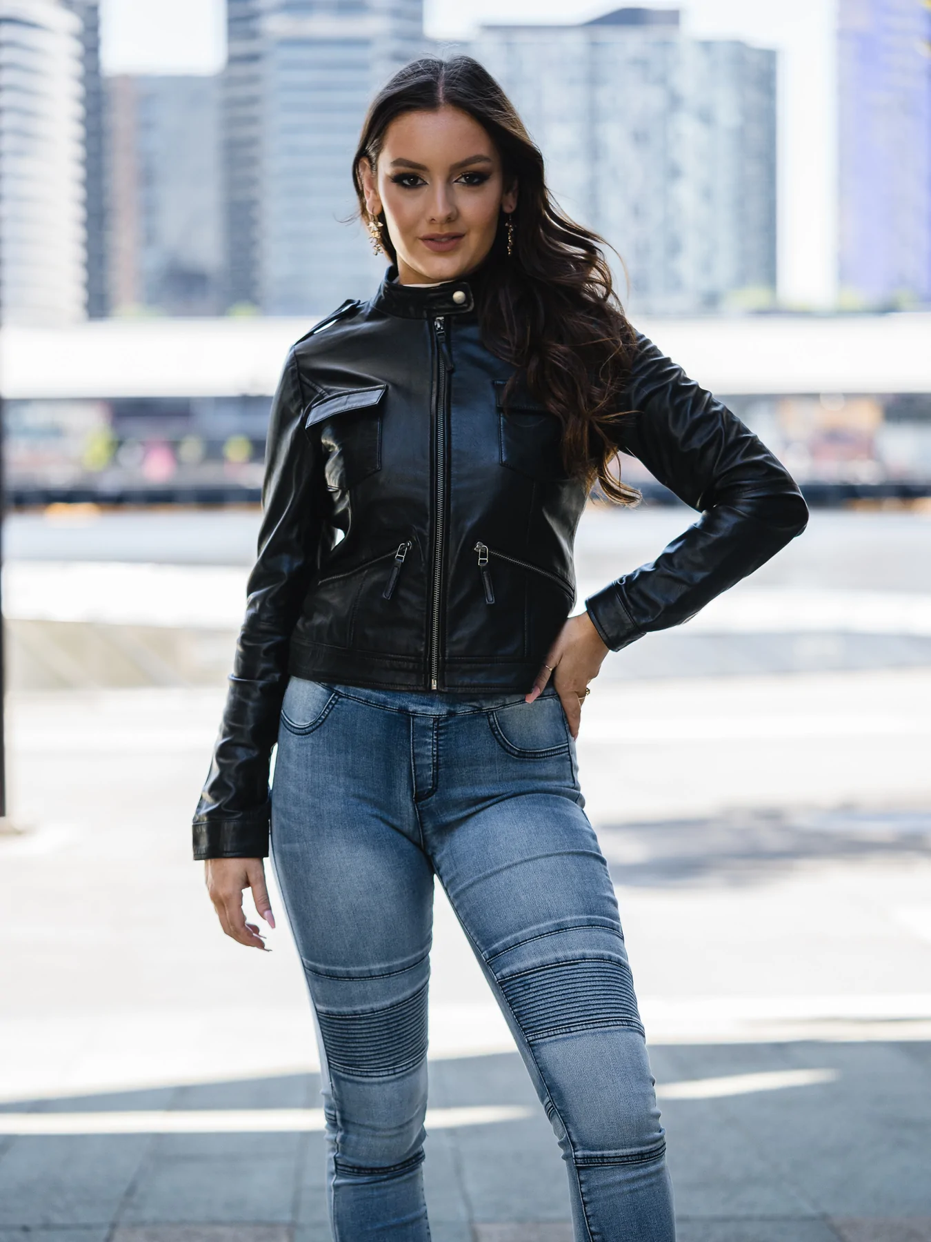 Fashion Black Leather Jacket Womens Outfit | Band Collar