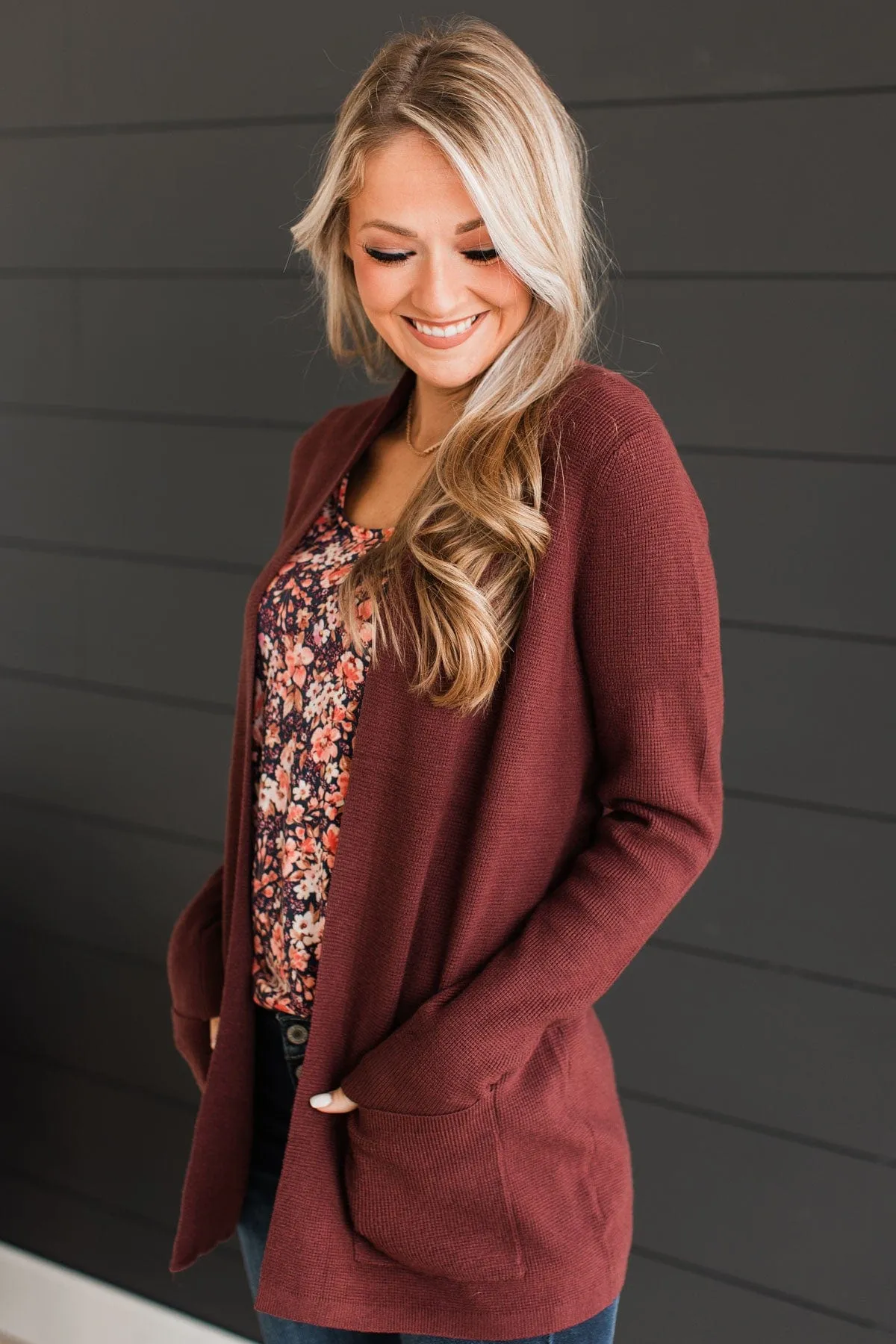 Feeling Blissful Waffle Knit Cardigan- Dark Brown