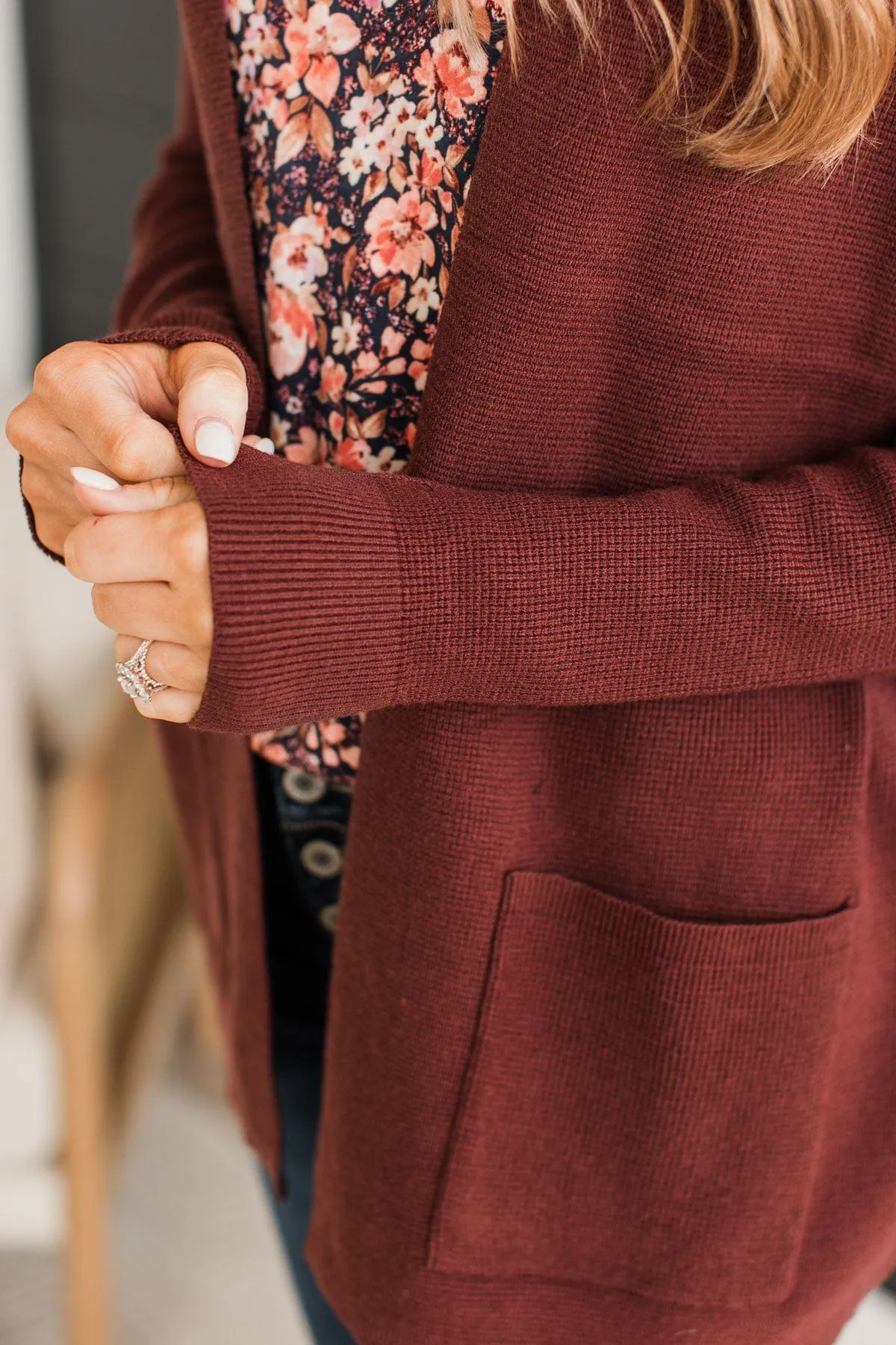 Feeling Blissful Waffle Knit Cardigan- Dark Brown