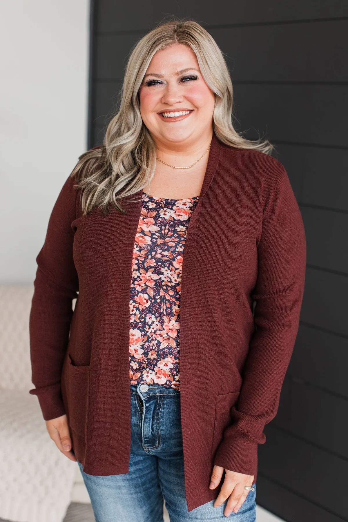 Feeling Blissful Waffle Knit Cardigan- Dark Brown