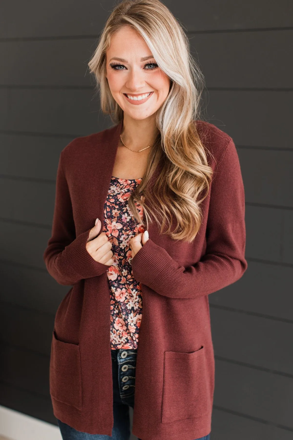 Feeling Blissful Waffle Knit Cardigan- Dark Brown