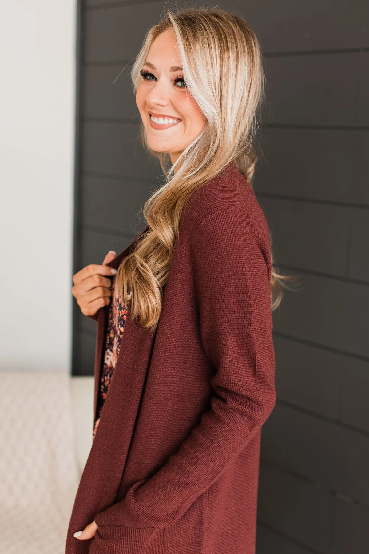 Feeling Blissful Waffle Knit Cardigan- Dark Brown