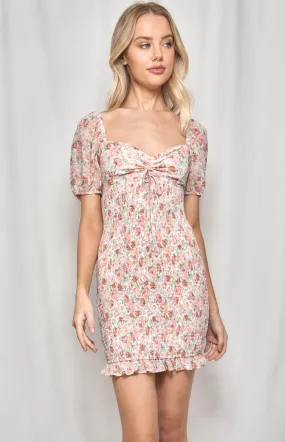 Floral Shirred Bubble Sleeve dress with Drawstring detail (WDR292A)