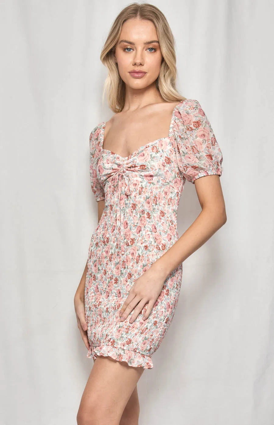 Floral Shirred Bubble Sleeve dress with Drawstring detail (WDR292A)