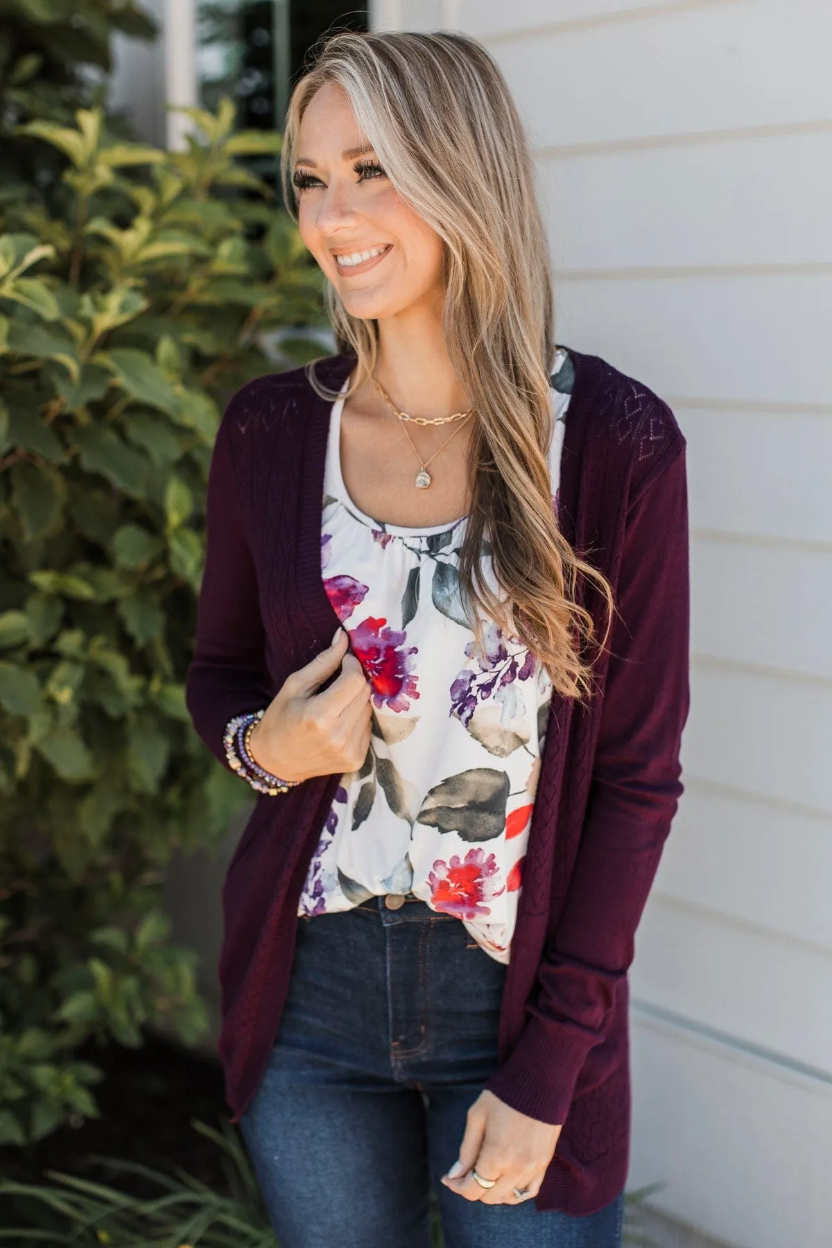 Found Myself Open Front Knit Cardigan- Plum