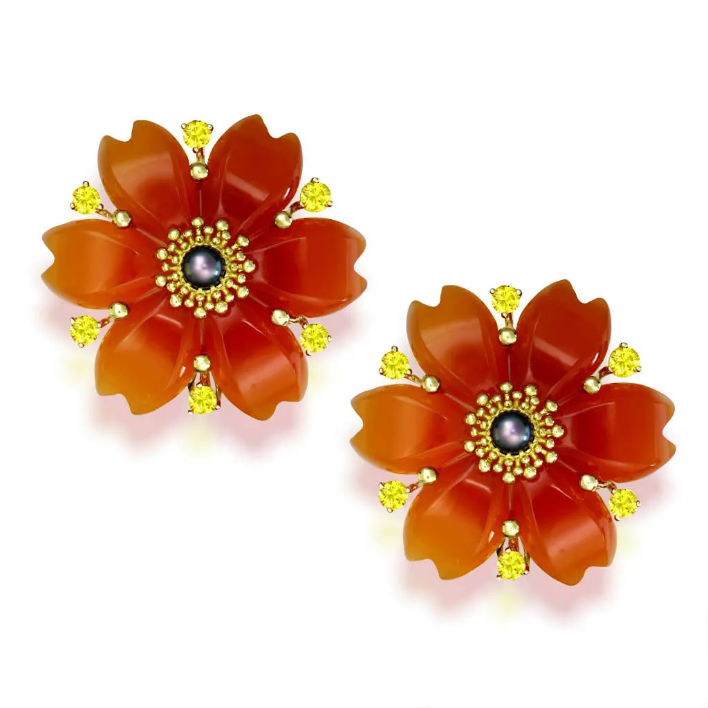 Gold Blossom Convertible Pear Earrings with Carved Carnelian