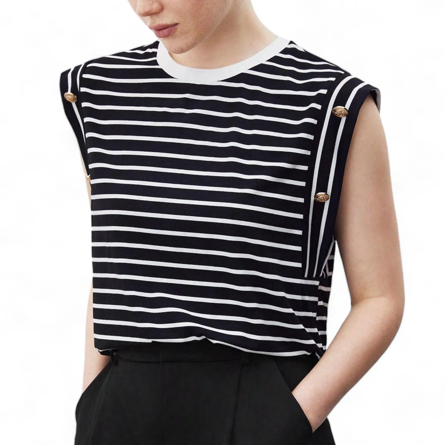 HAMPTONS Stripe Muscle Tee Top w Button Details