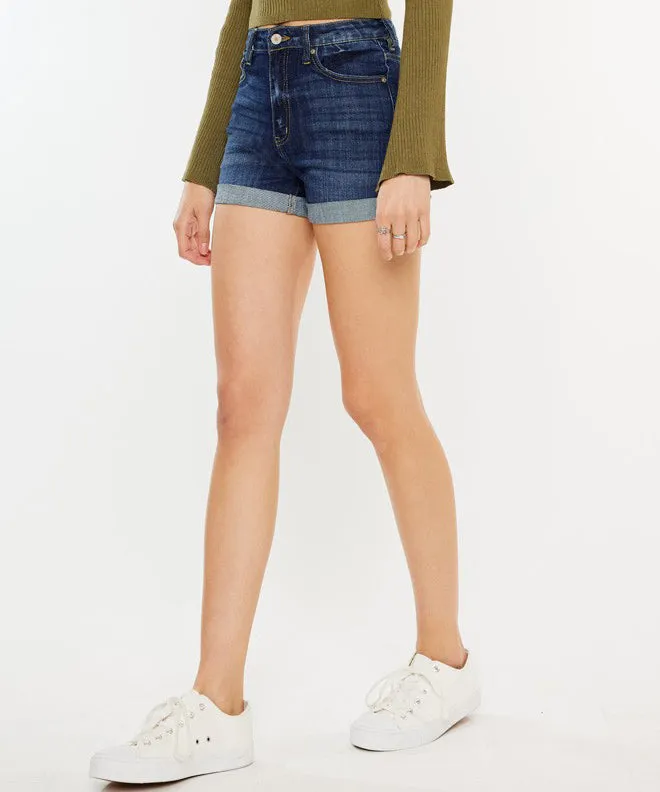 High Rise Double Fold Cuff Denim Shorts - Dark Wash