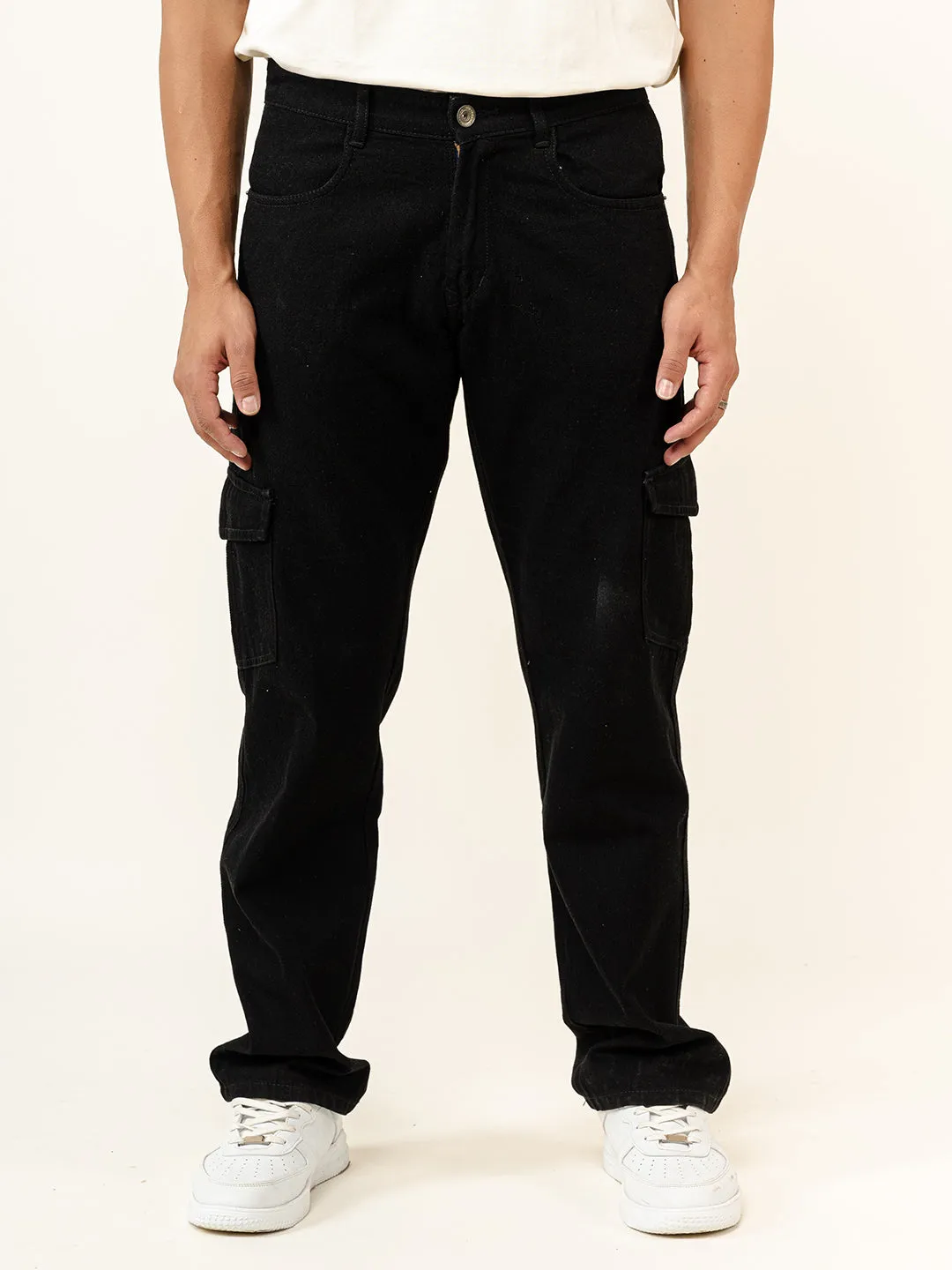 Jet Black Straight Fit Men's Cargo Denim Jeans