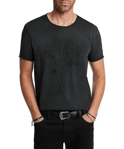 John Varvatos Embroidered Roses Raw Edge Tee