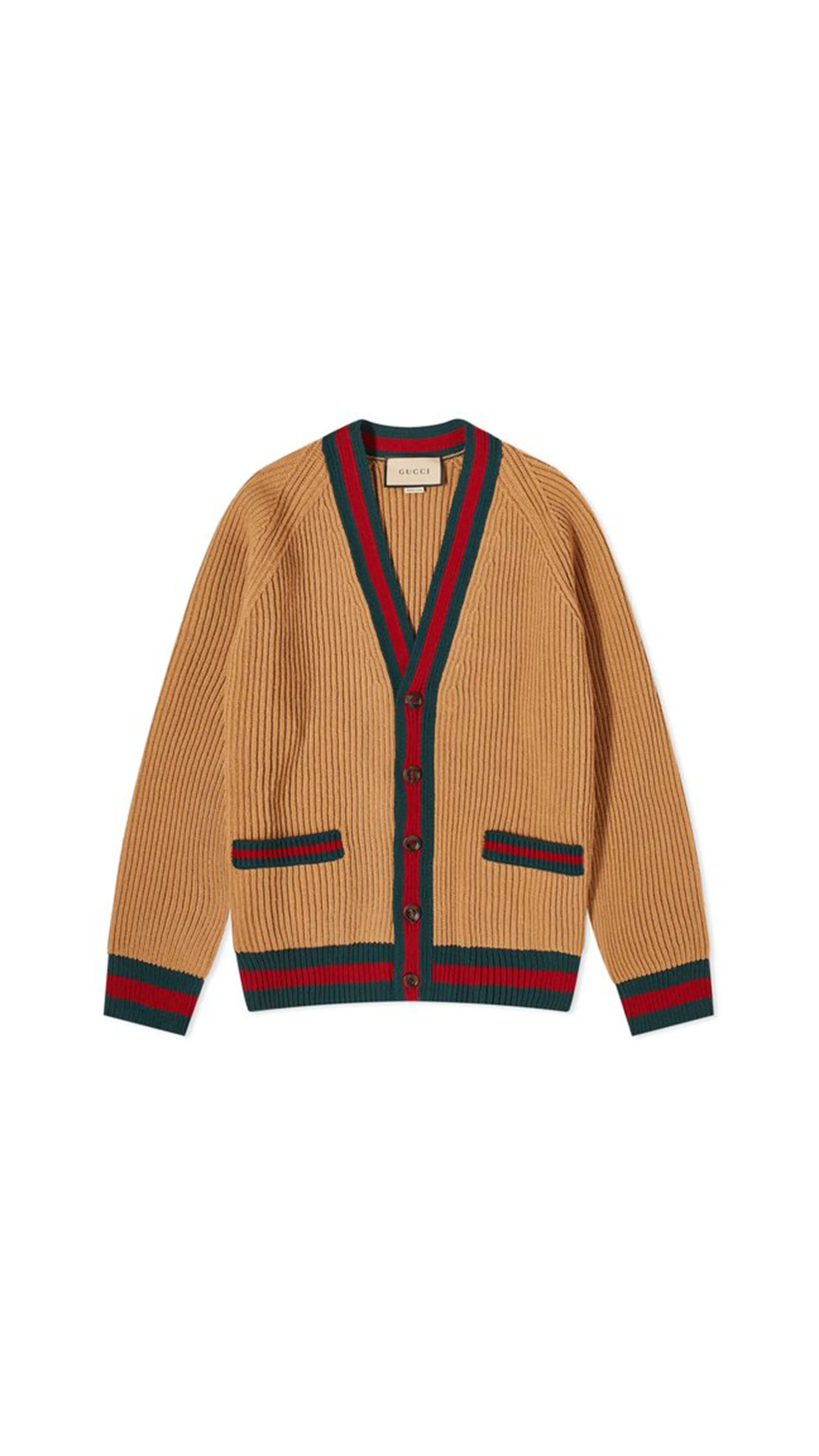 Knitted Wool Cardigan with Web Ribbon - Camel