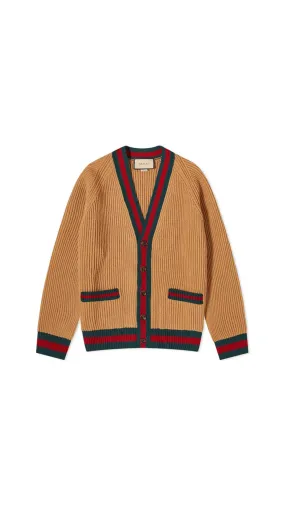 Knitted Wool Cardigan with Web Ribbon - Camel