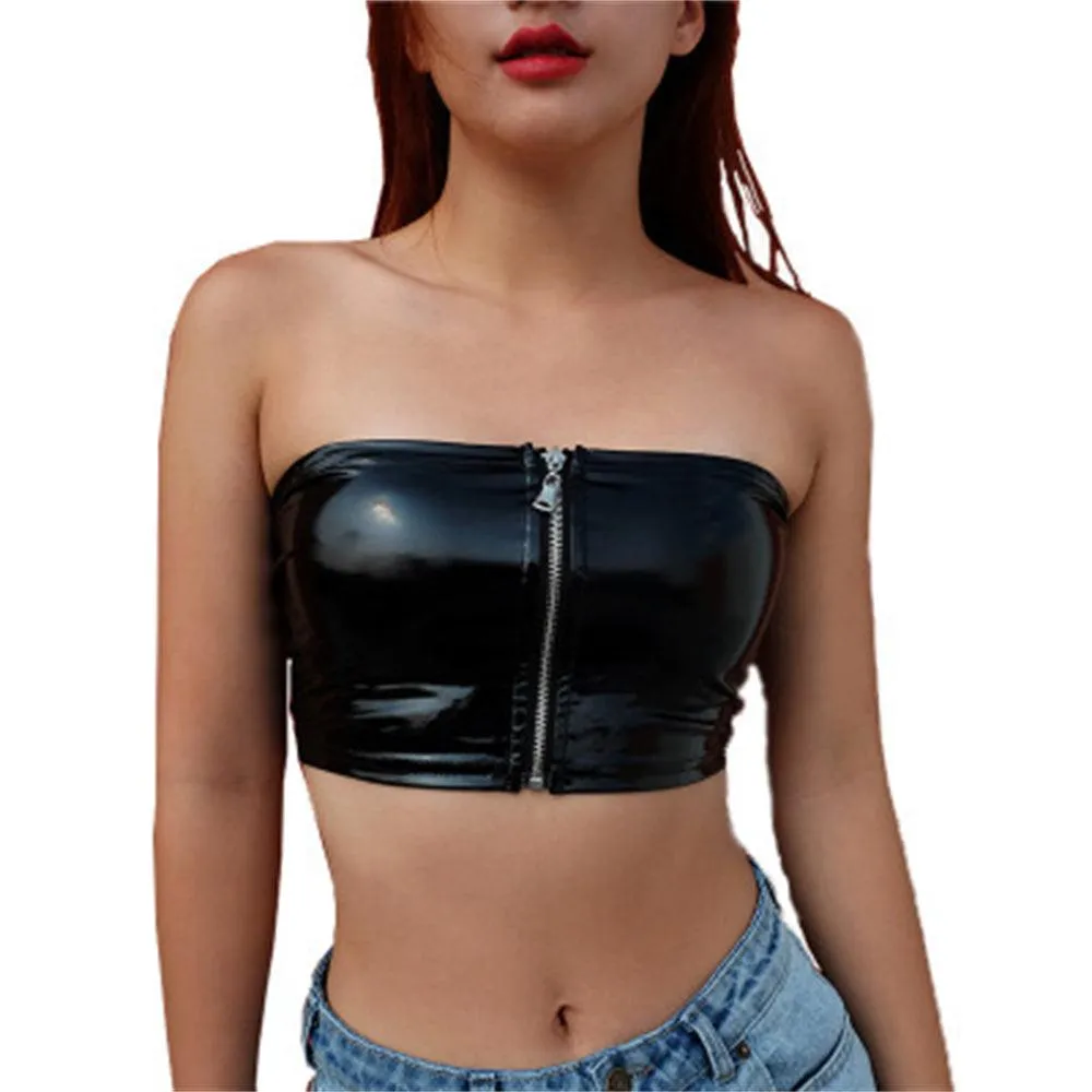 Leather PVC Shiny Zipper Navel Tube Bandage Top