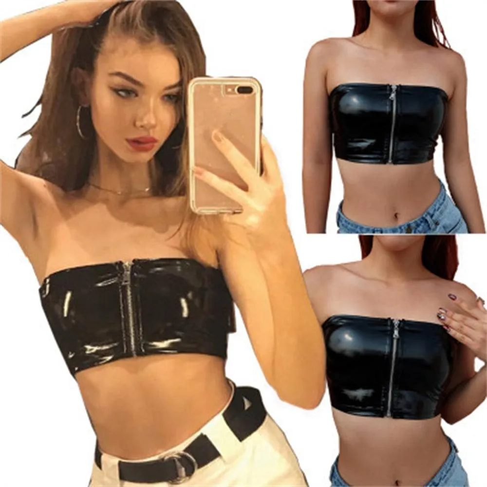 Leather PVC Shiny Zipper Navel Tube Bandage Top