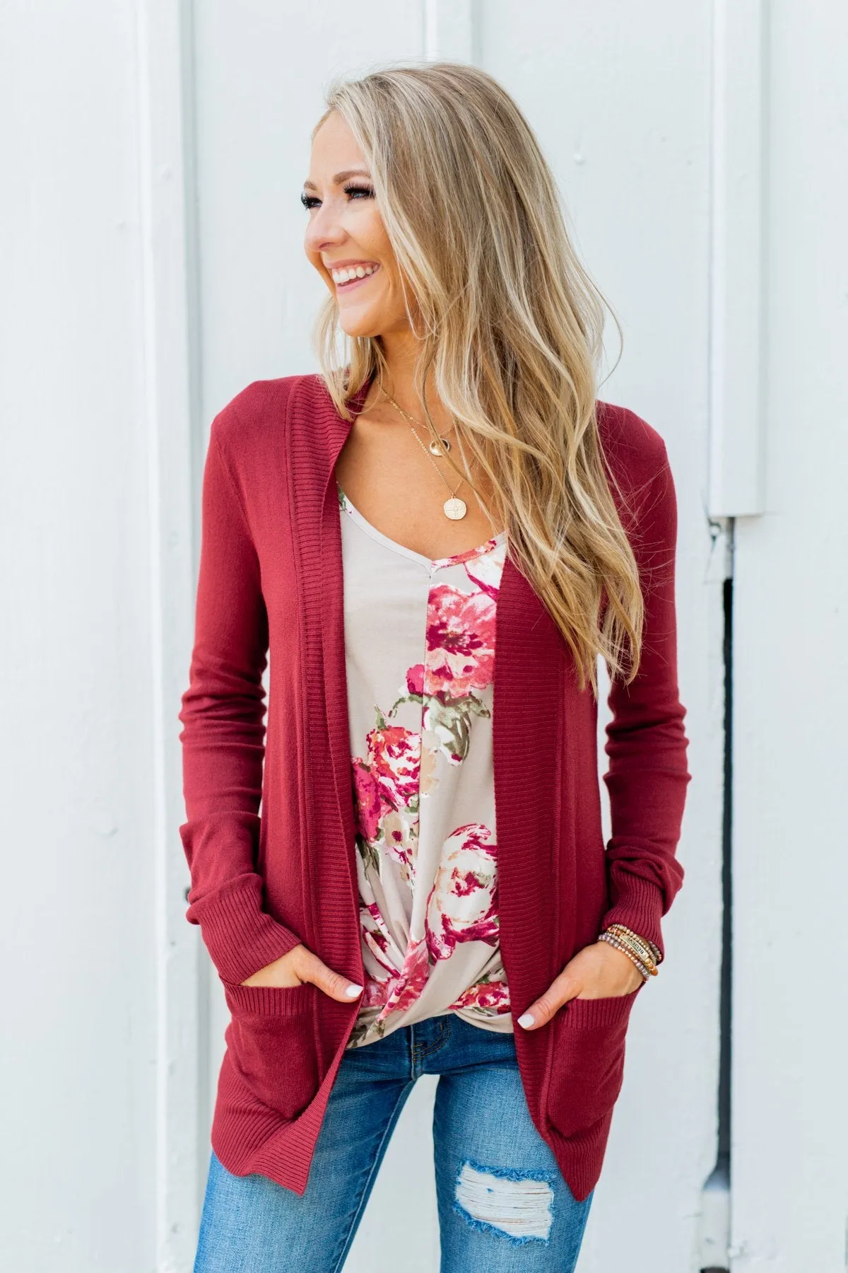 Light Weight Open Front Cardigan- Brick Red