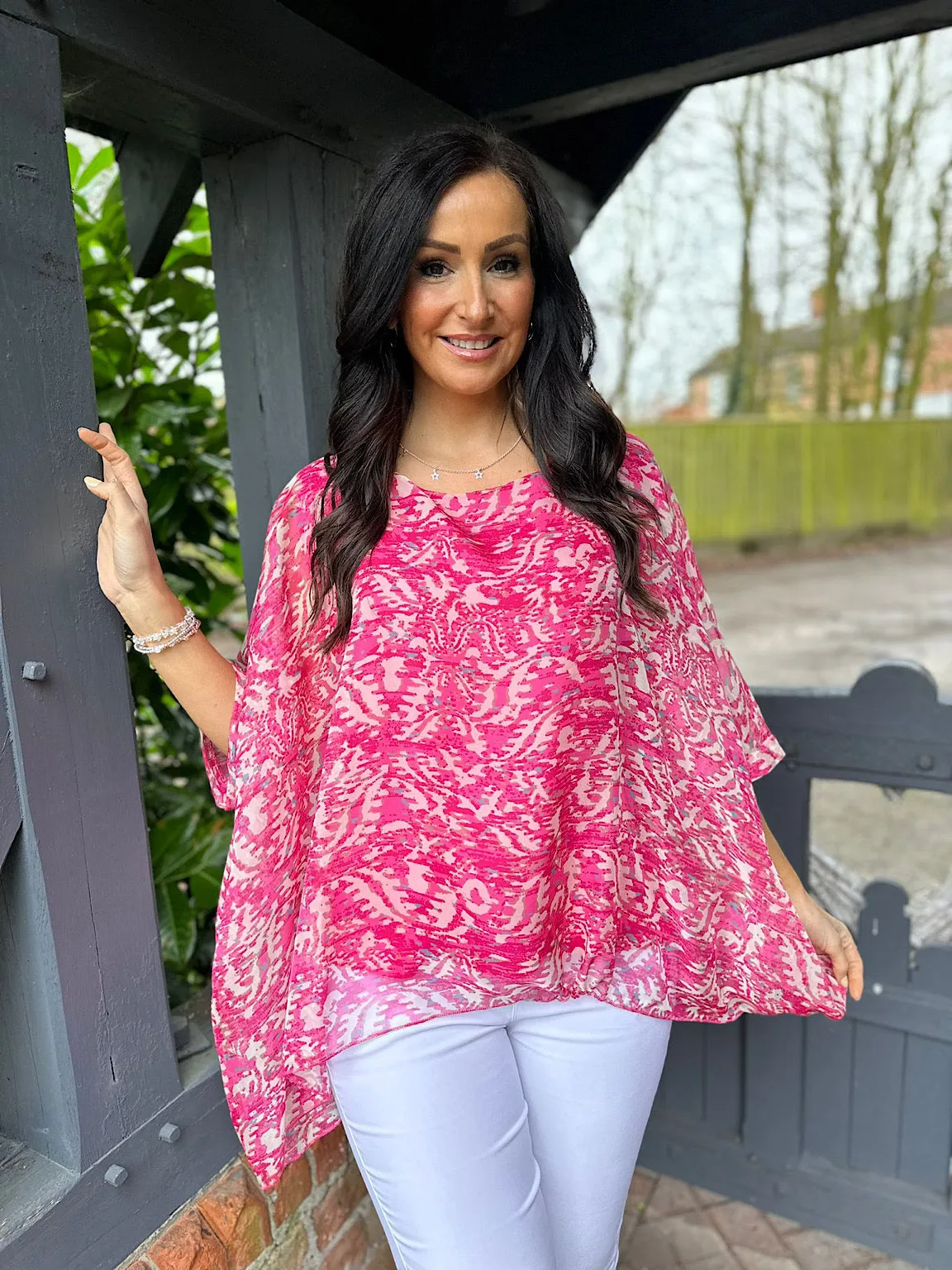 Lipstick Pink Patterned Floaty Top Denise