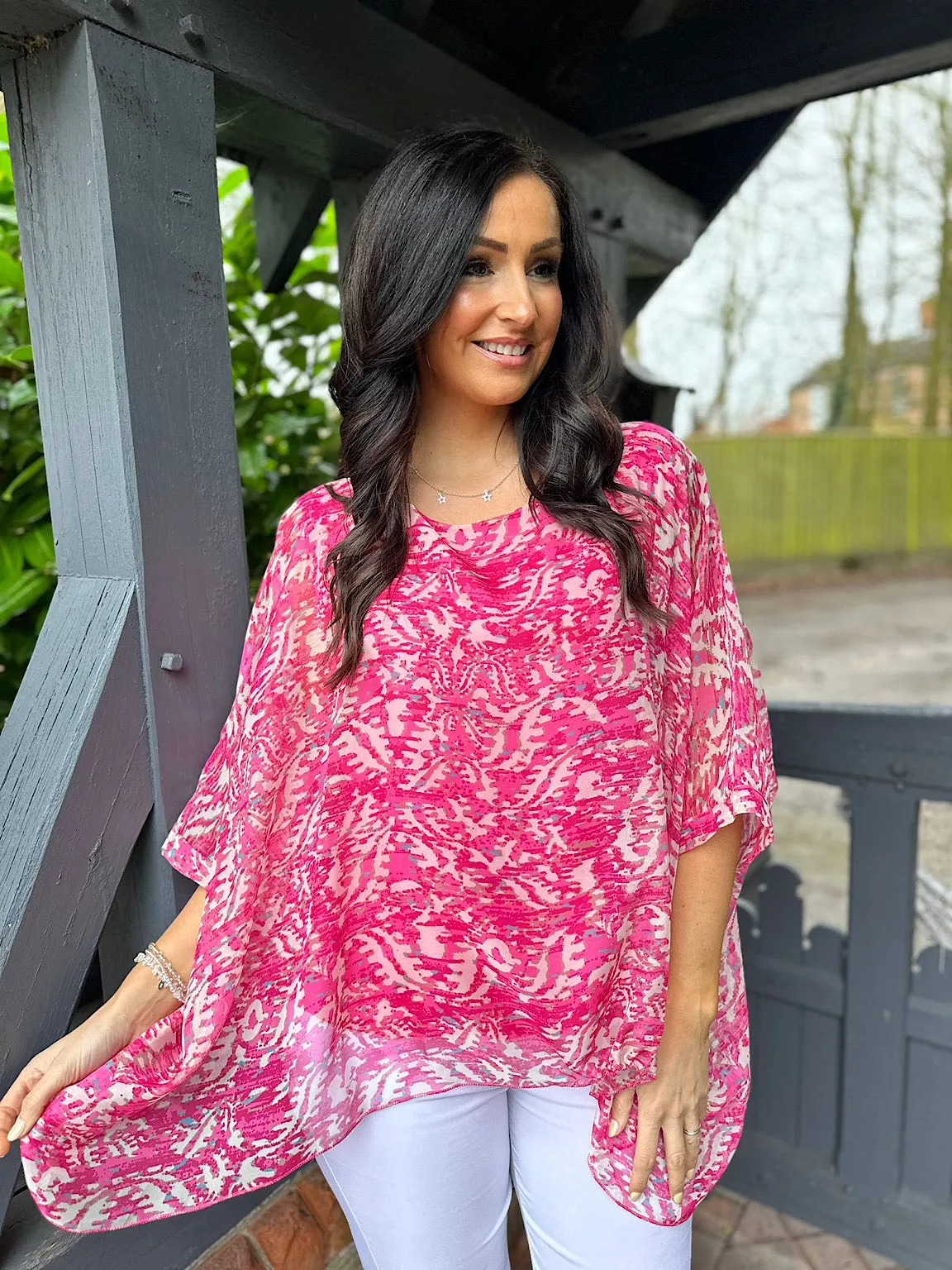 Lipstick Pink Patterned Floaty Top Denise