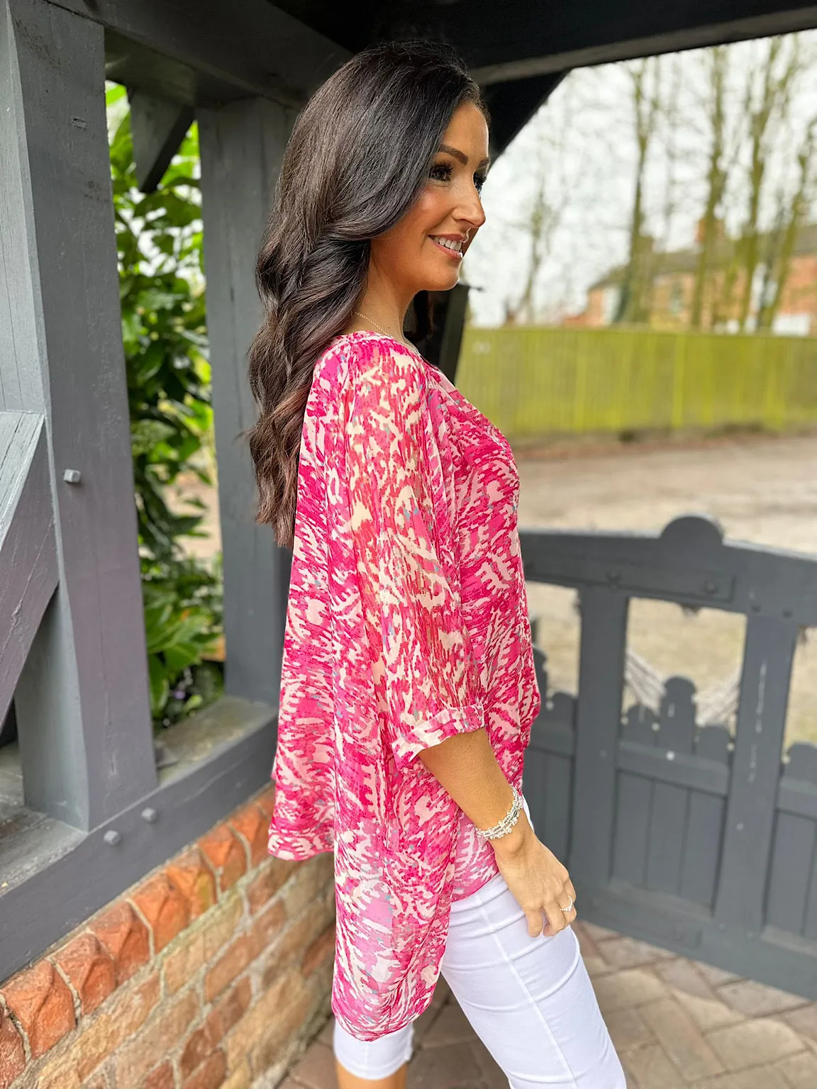 Lipstick Pink Patterned Floaty Top Denise